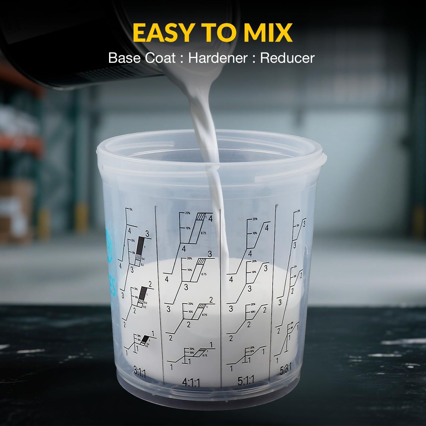 YUZES Disposable Paint Cups for Spray Gun 20 Ounce (600ml), 50 Disposable Paint Cup with Lids, 2 Hard Mixing Cups with Retainer Ring, 20 Plugs, PTFE Tape, Stirrer, for LVLP HVLP Spray Gun