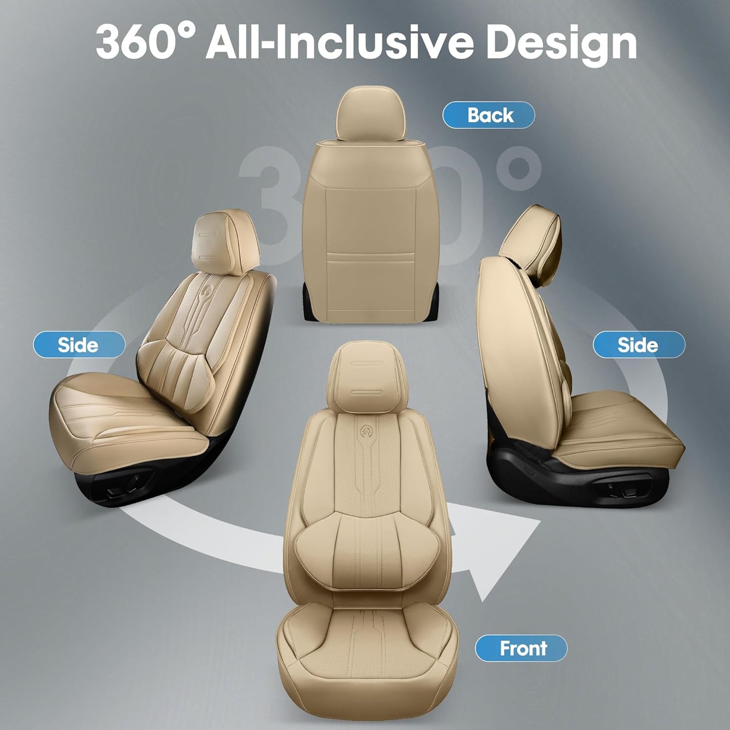AOOG Front Seat Covers, Car Seat Covers Front Seats, Leather Seat Covers for Cars, Waterproof Seat Covers with Lumbar Support Universal Fit for Most Cars SUV Trucks(Front Pair, Beige)