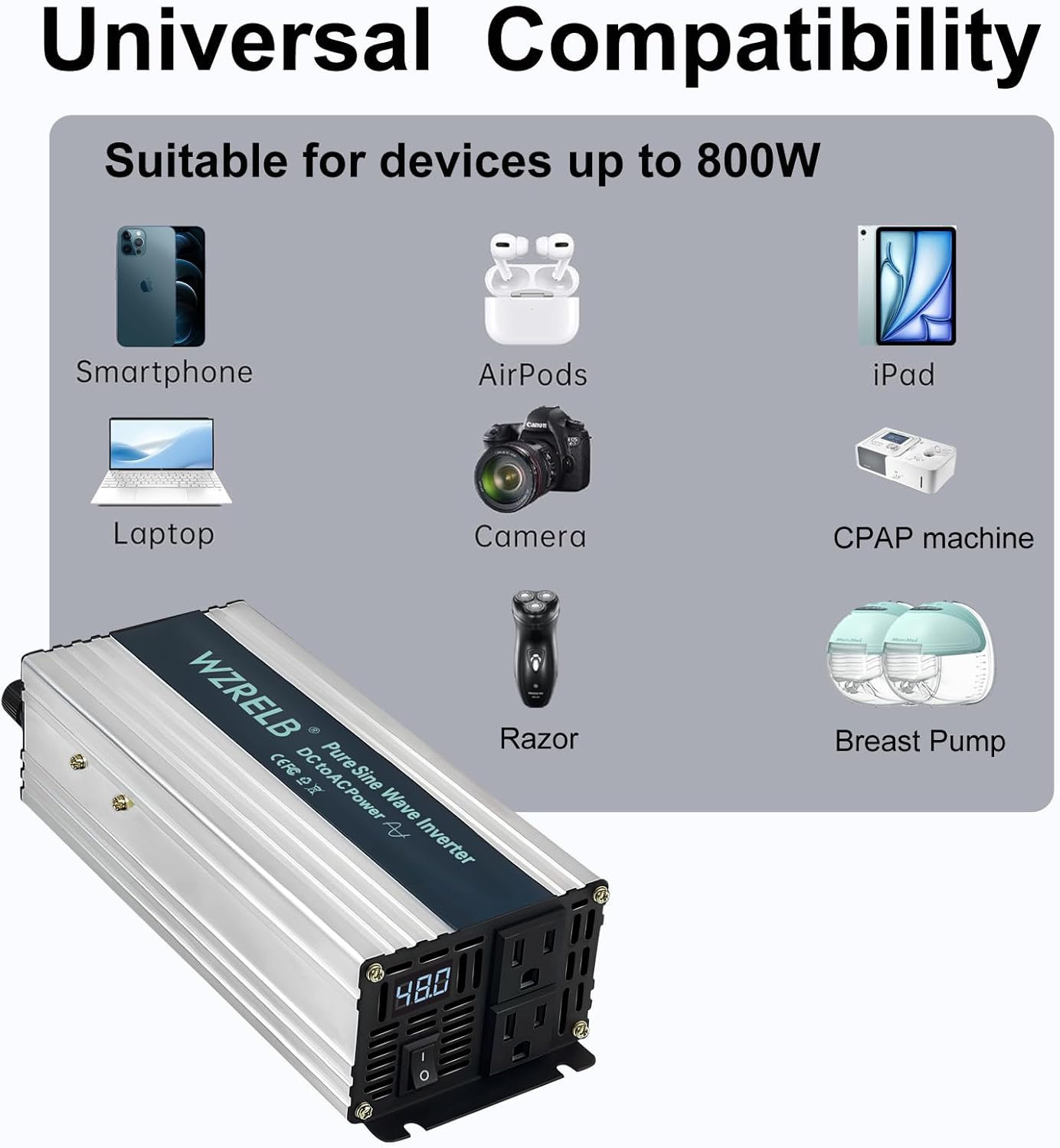 WZRELB 800W Pure Sine Wave Inverter 48V DC to 110V 120V AC Power Converter with LED Display, Off-Grid Portable Power Inverter with 2 AC Outlets for Home, RV, Truck, Camping