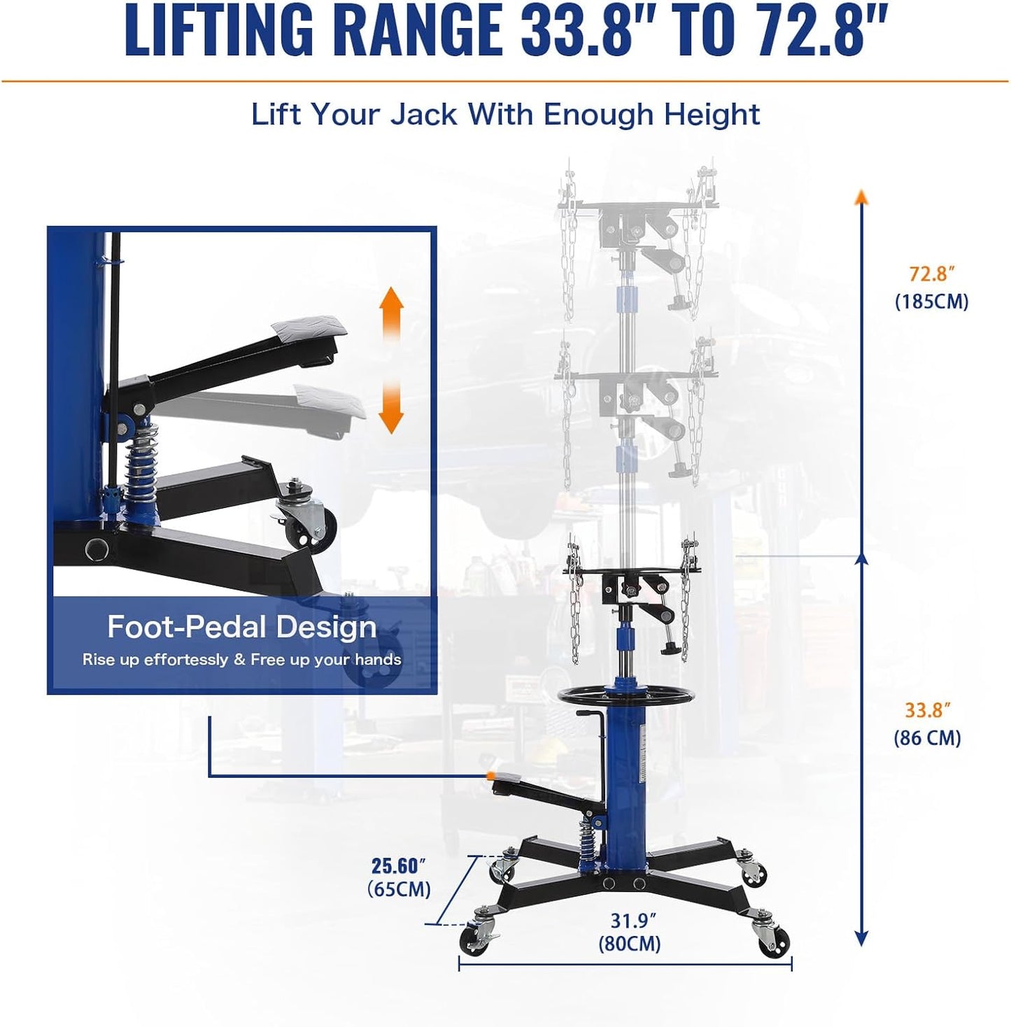 Hydraulic Transmission Jack 1322 LBS (3/5 Ton) Capacity 33.8"-72.8" Lifting Height 2 Stage Hydraulic Telescoping Jack Heavy Duty with Foot Pedal and 360° Swivel Wheel, Blue