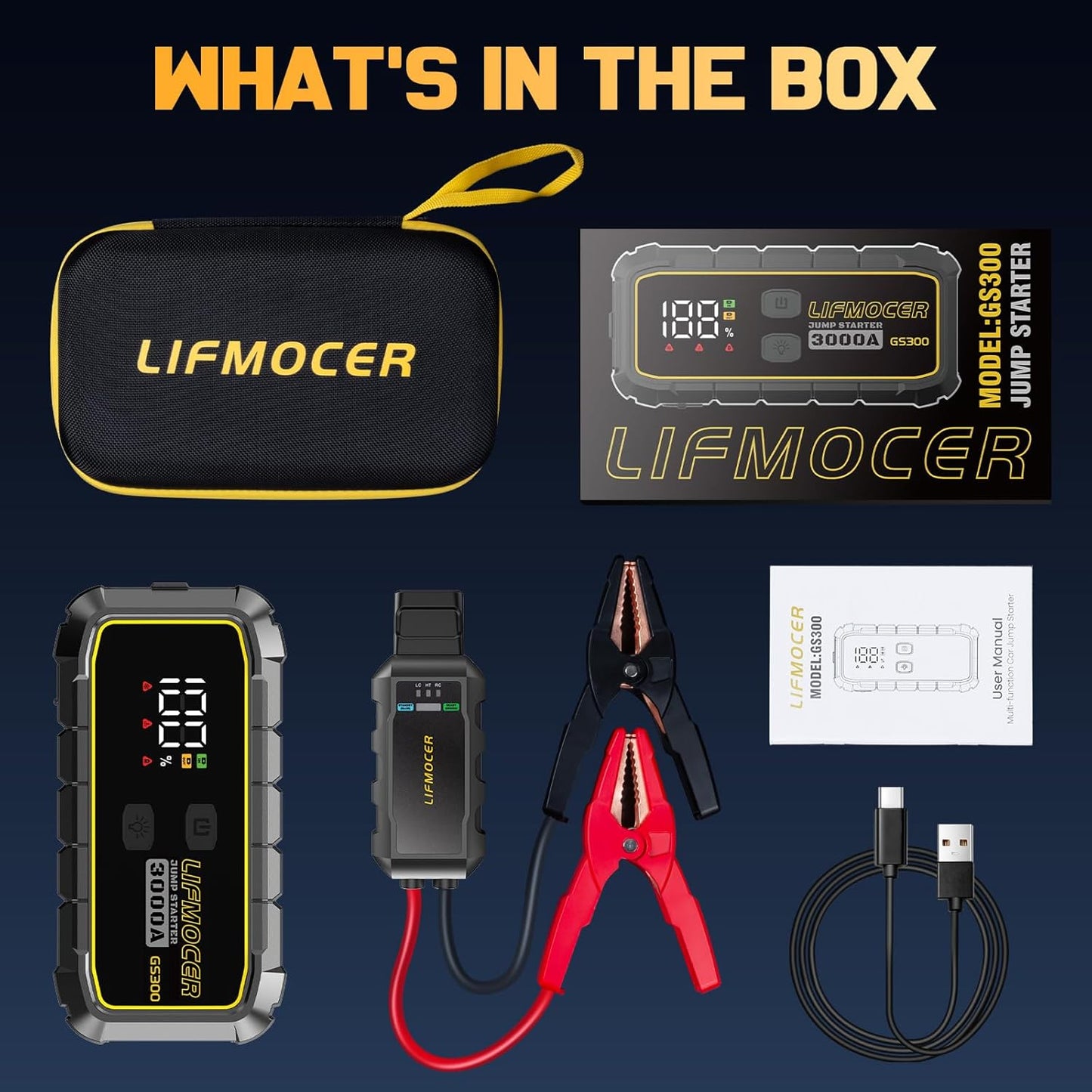 GS300 Jump Starter - 3000A Car Battery Jump Starter for Up to 10.0L Gas and 8.0L Diesel Engines, 12V Portable Jump Box with Storage Case USB Quick Charge, and LCD Display