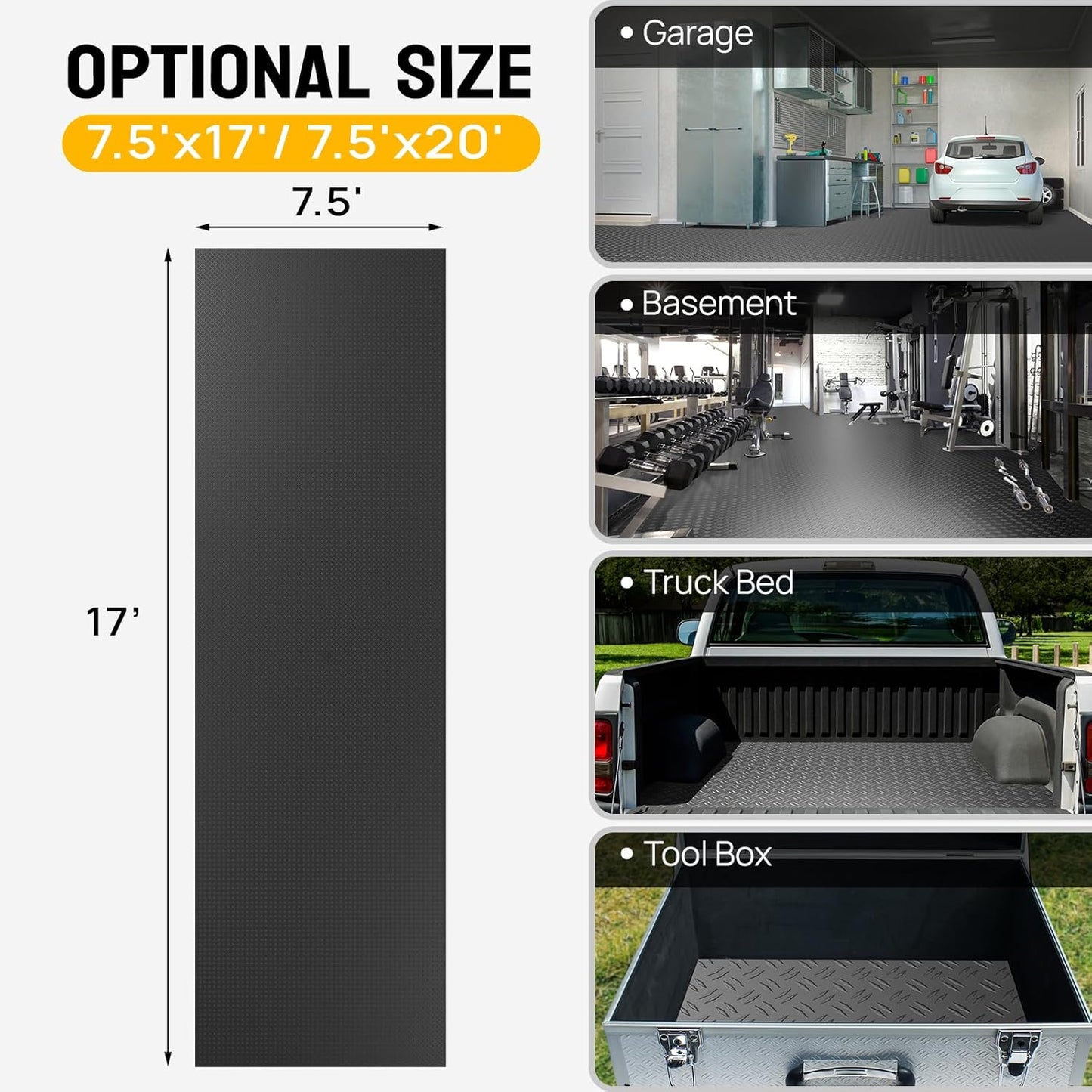 TUFFIOM 7.5 x 17 FT Garage Floor Mat, Thickened Diamond Plate PVC Garage Mats Flooring Roll for Under Car, Garage Car Parking Mats for Compact SUVs, Sports Car