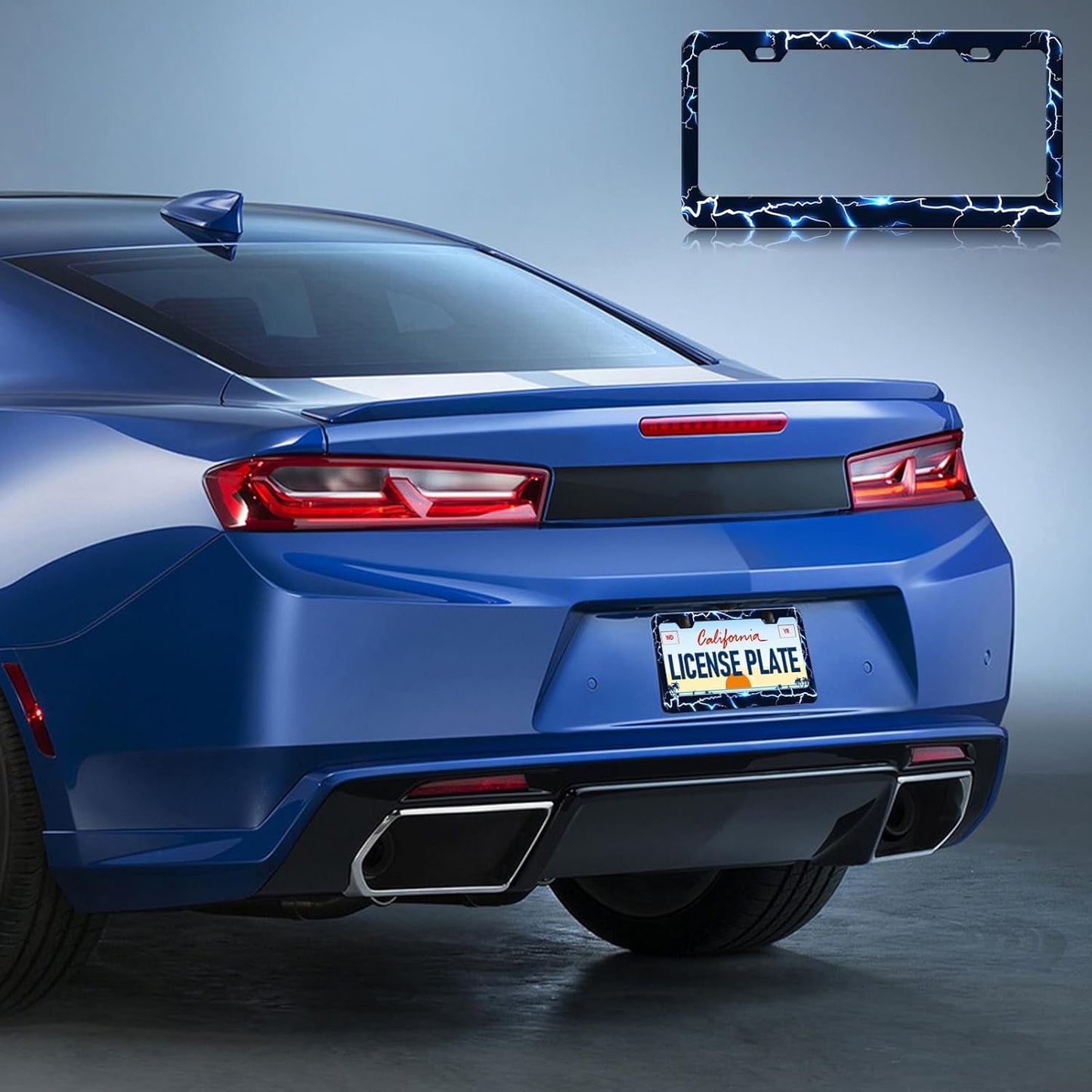 Blue Lightning License Plate Frames - 2 Pack Funny Thunder Stainless Steel License Plate Holder,Rust-Proof Waterproof Car Decorative Tag Frame with Screws Fasteners Caps