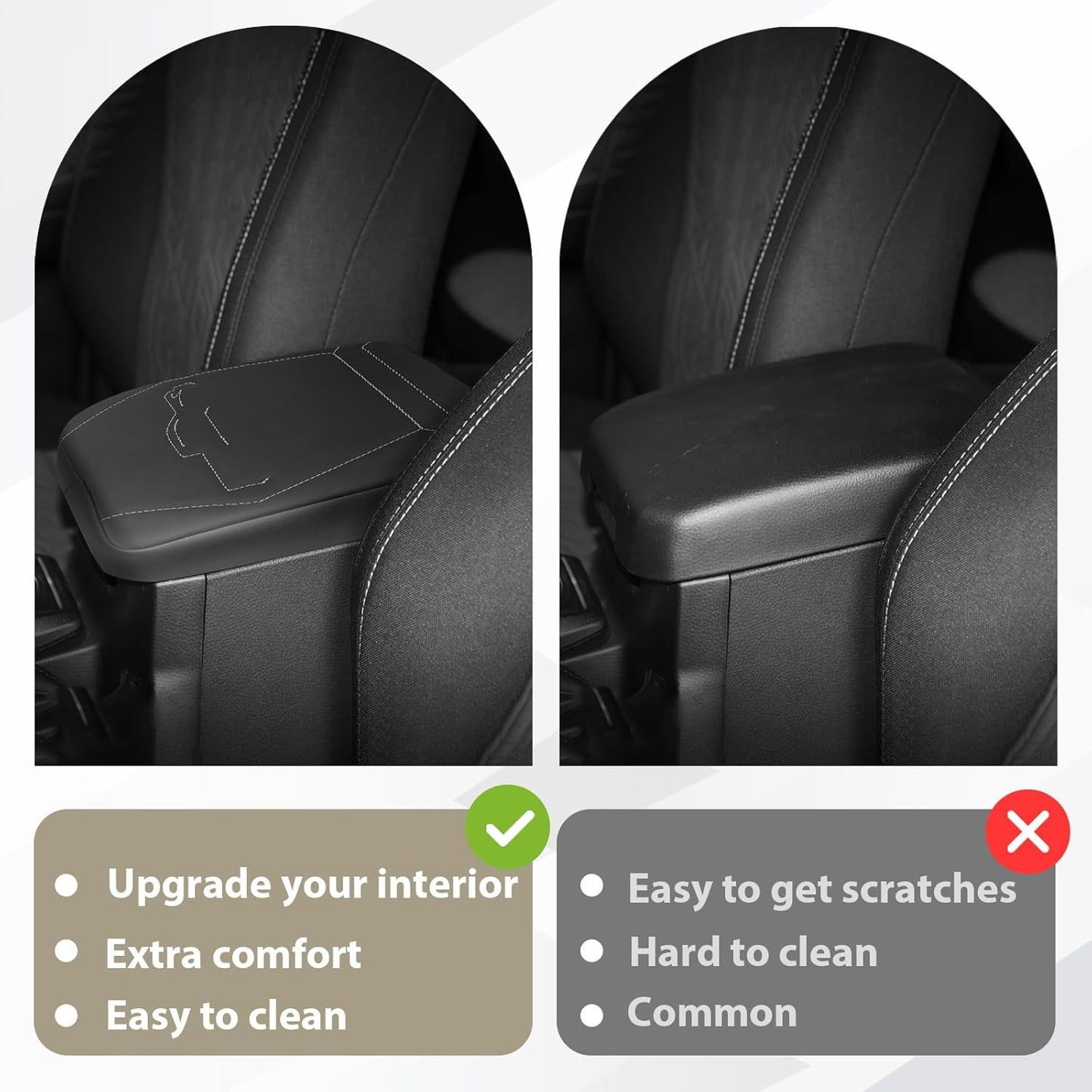 Muslogy Center Console Armrest Cover Compatible with 2024 Toyota Tacoma 2025+ 4Runner Accessories Armrest Lid Protector Vegan Leather Cushion Regular Thick(Black/Gray Stitching)