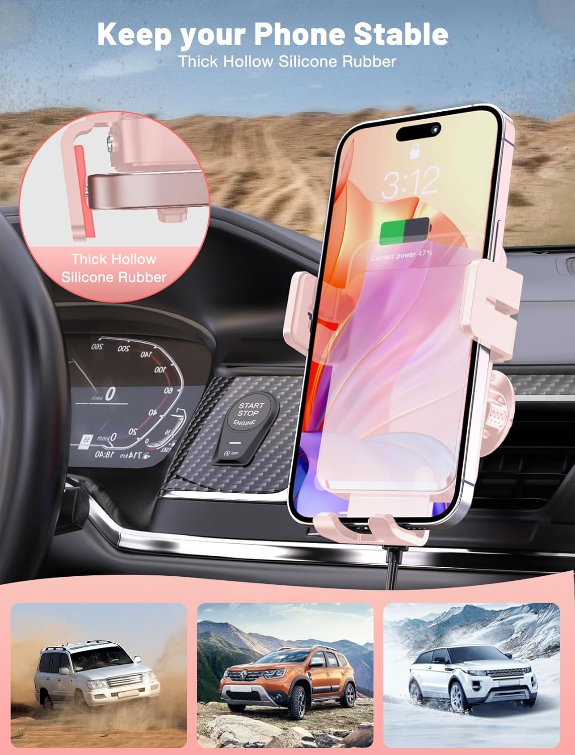 MOKPR Wireless Car Charger, Auto-Clamping Car Mount 15W/10W/7.5W Fast Charging Air Vent Car Phone Mount Compatible with iPhone 15/14/13/13 Pro/12 Pro Max/12 pro/12/11/10 Series, Samsung Galaxy Pink