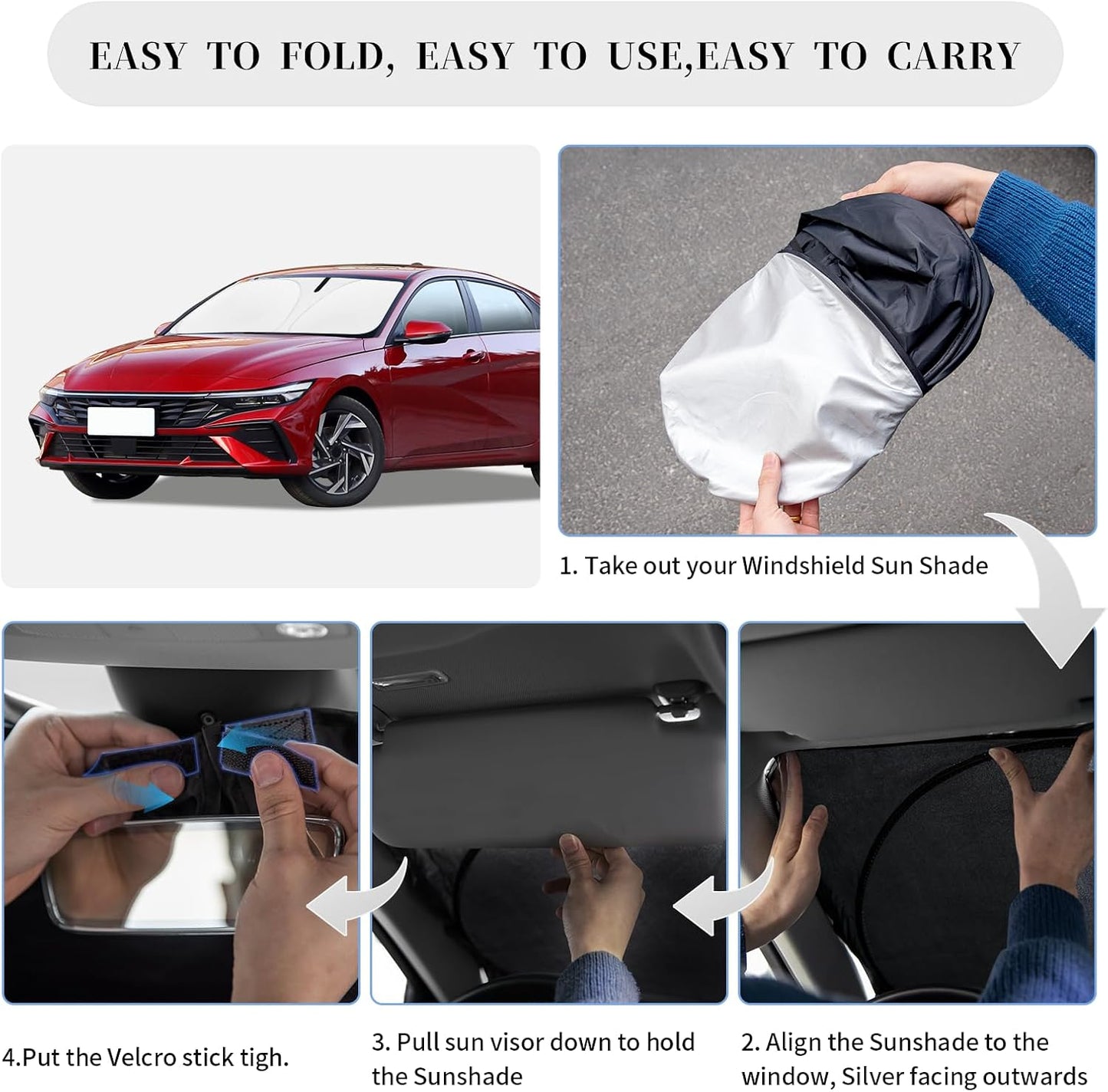 Sun Shade Sunshade for Hyundai Elantra 2021-2024 2025 2026 Windshield Cover, 4-Layer Front Window Shade Custom fit Elantra Sun Visor 240T Retractable Shade Blocks UV Rays Cooler Car Accessorie