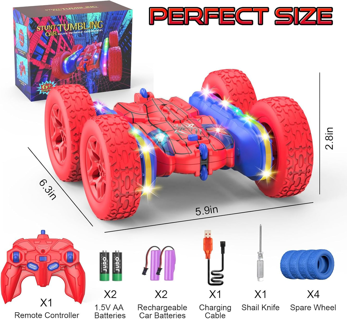 Remote Control Car Spider Rc Cars New Upgraded Strip Lights and Headlights Car Toys Double-Sided 360° Rotating Rc Truck for Boys Girls Birthday Gift (Red)