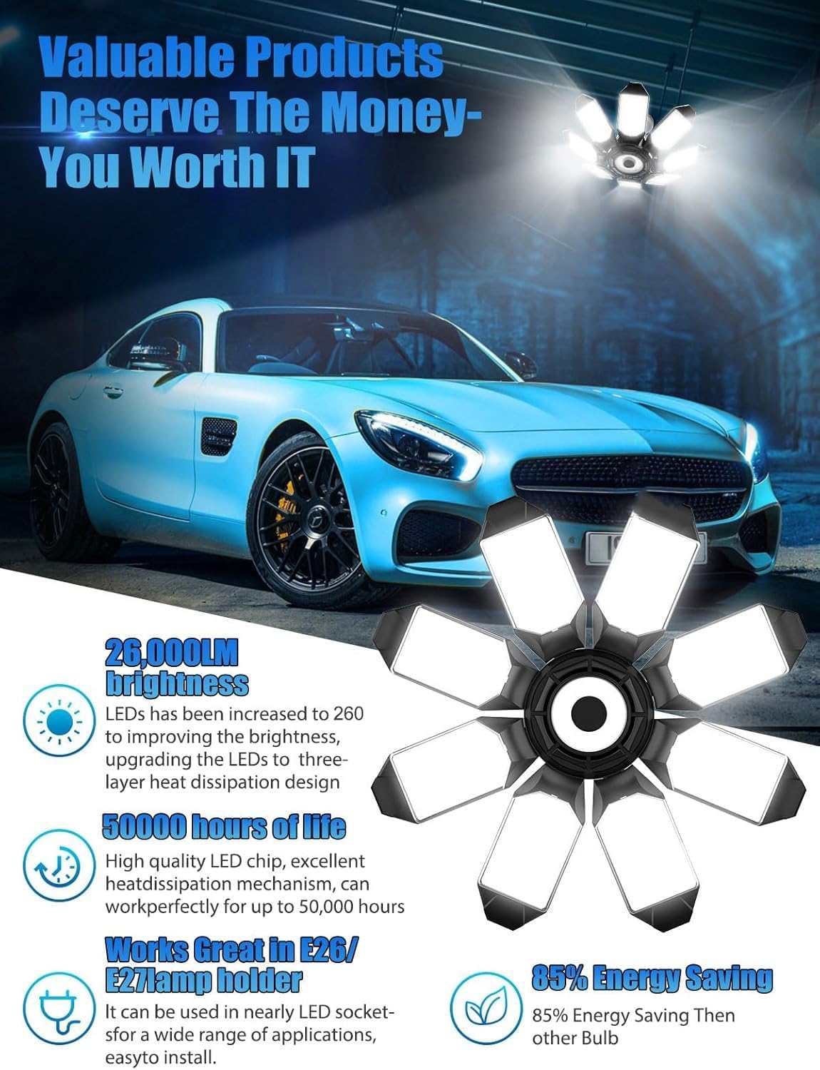 TANBABY 260W LED Garage Lights 2 Pack, Total 52000LM Deformable Best Ceiling Light with 8+1 Panels, E26/E27 Screw in Bulbs for Basement, Attic