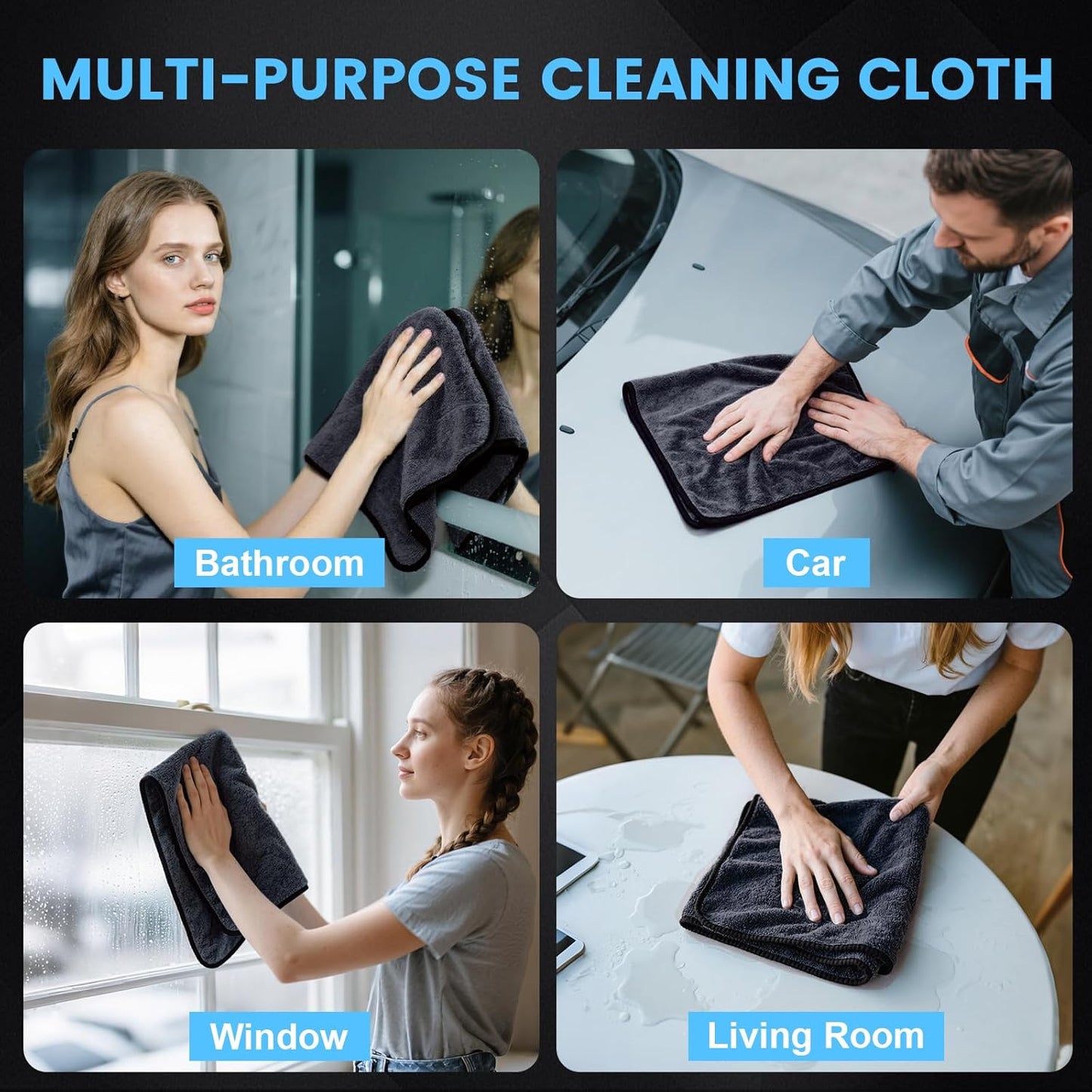 Shiny Wipes Shower Cleaning Cloth, Ultra Absorbent Car Drying Towel, 4 Pack 16 x 24 inch Microfiber Cleaning Cloth for Car, Bath & Househood