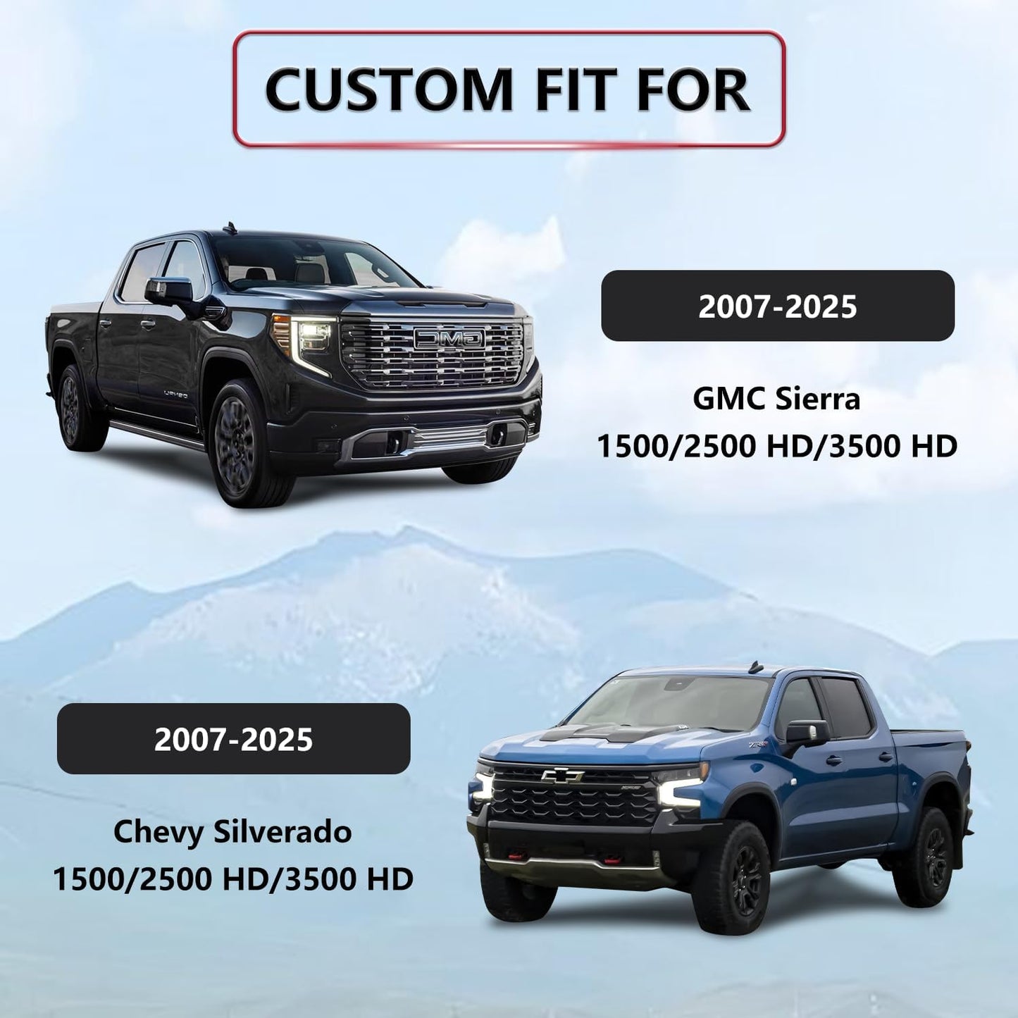 Chevy Chevrolet Silverado GMC Sierra Car Seat Covers Fit 2007-2023 2024 2025 1500/2500HD/3500HD (Black & Blue, Full Set)