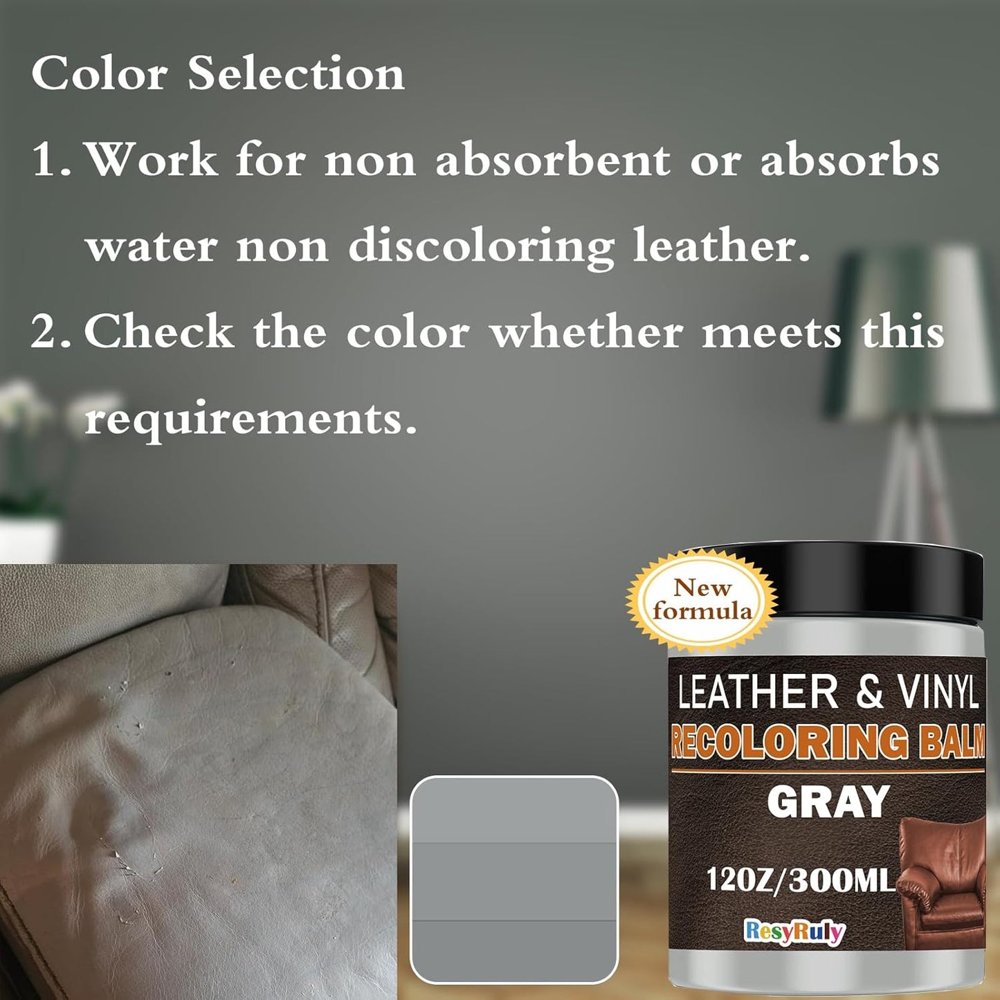Gray Leather Recoloring Balm Vinyl Auto Dash Board Car Seats Interior Paint Furniture Dye Color Restorer Shoes Sofa Gloves Jacket Purse Bag Couch Stain Remover Fade Scratches Wear Out Repair