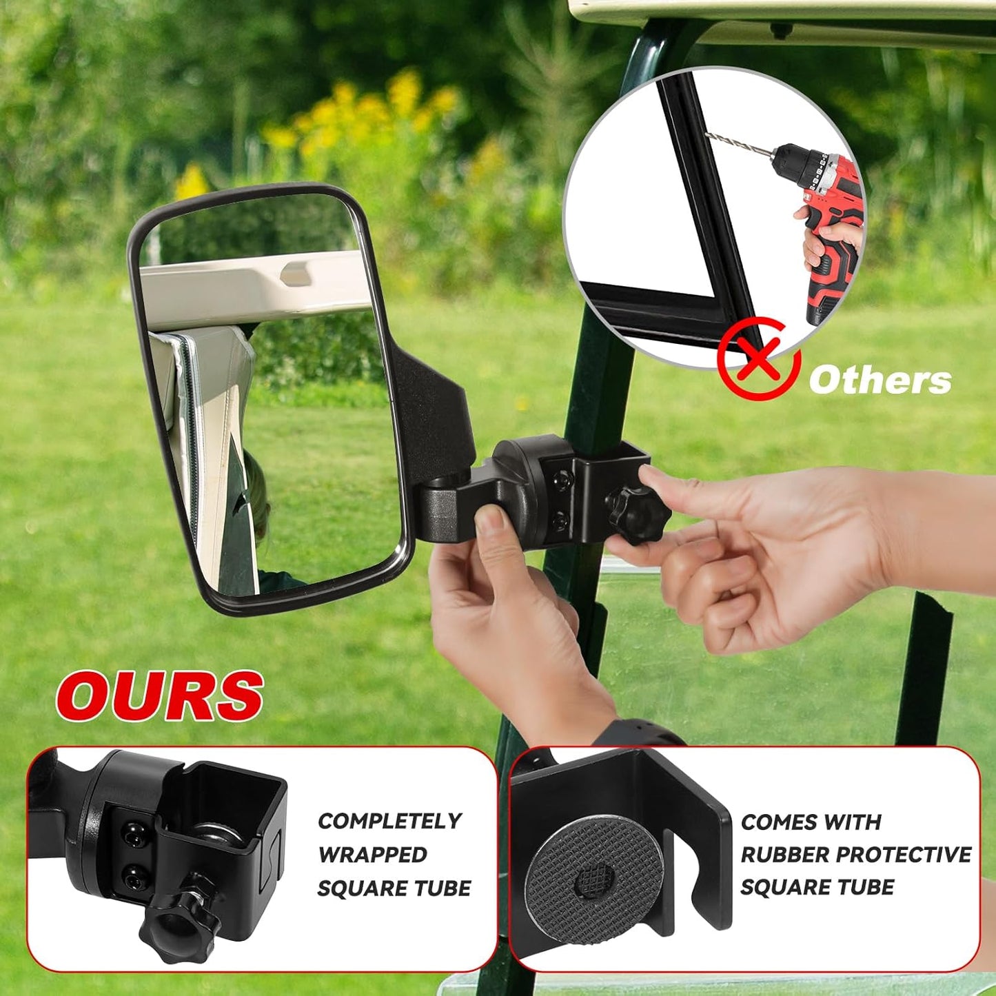 Upgraded Golf Cart Side Mirrors Full Package Tube&No Drilling,Fit for 0.75"-1.35" Square Tube,Adjustable Clips Golf Cart Mirror Compatible with Club Car EZGO Yamaha ICON
