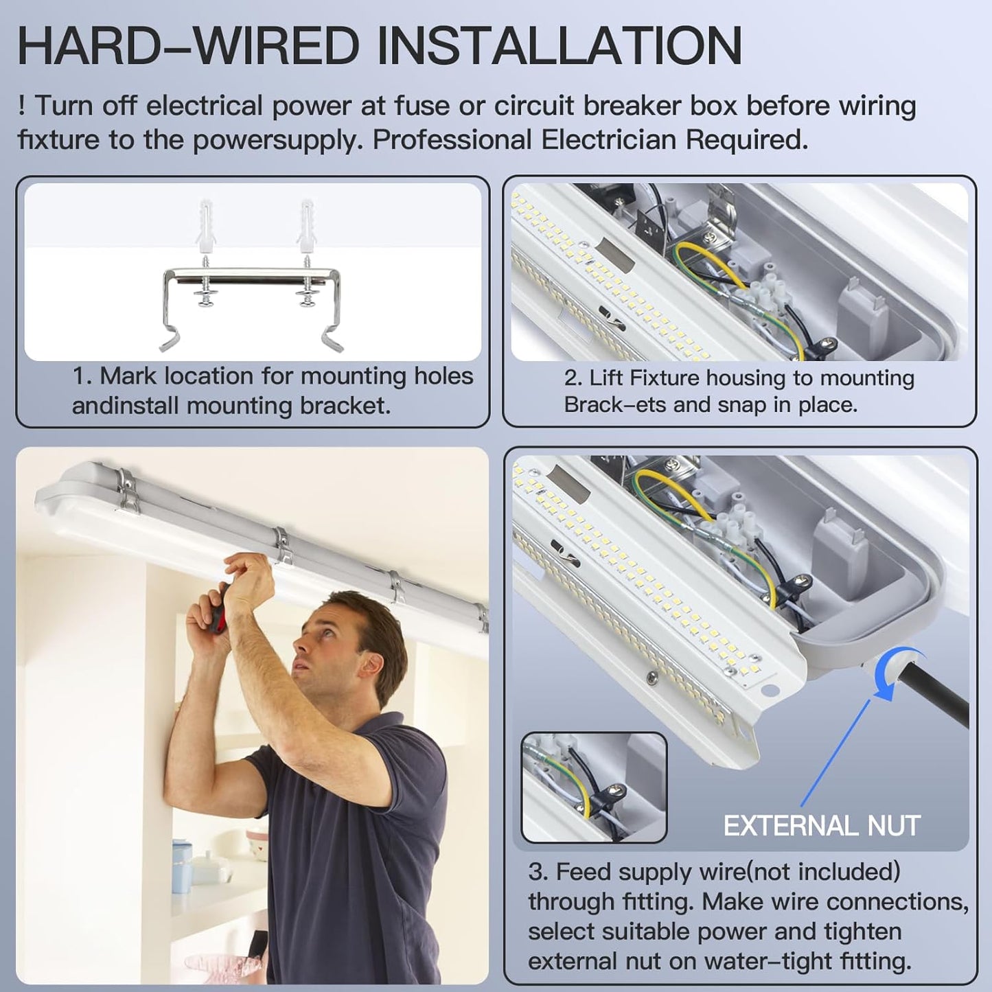 JTT LED Vapor Tight Light 60W/50W/40W 7800lm (180W Eq.), Waterproof LED Outdoor Shop Light 6000K/5000K/4000K IP65 Vapor Proof Fixture for Parking Garage Car Wash Warehouse ETL Listed