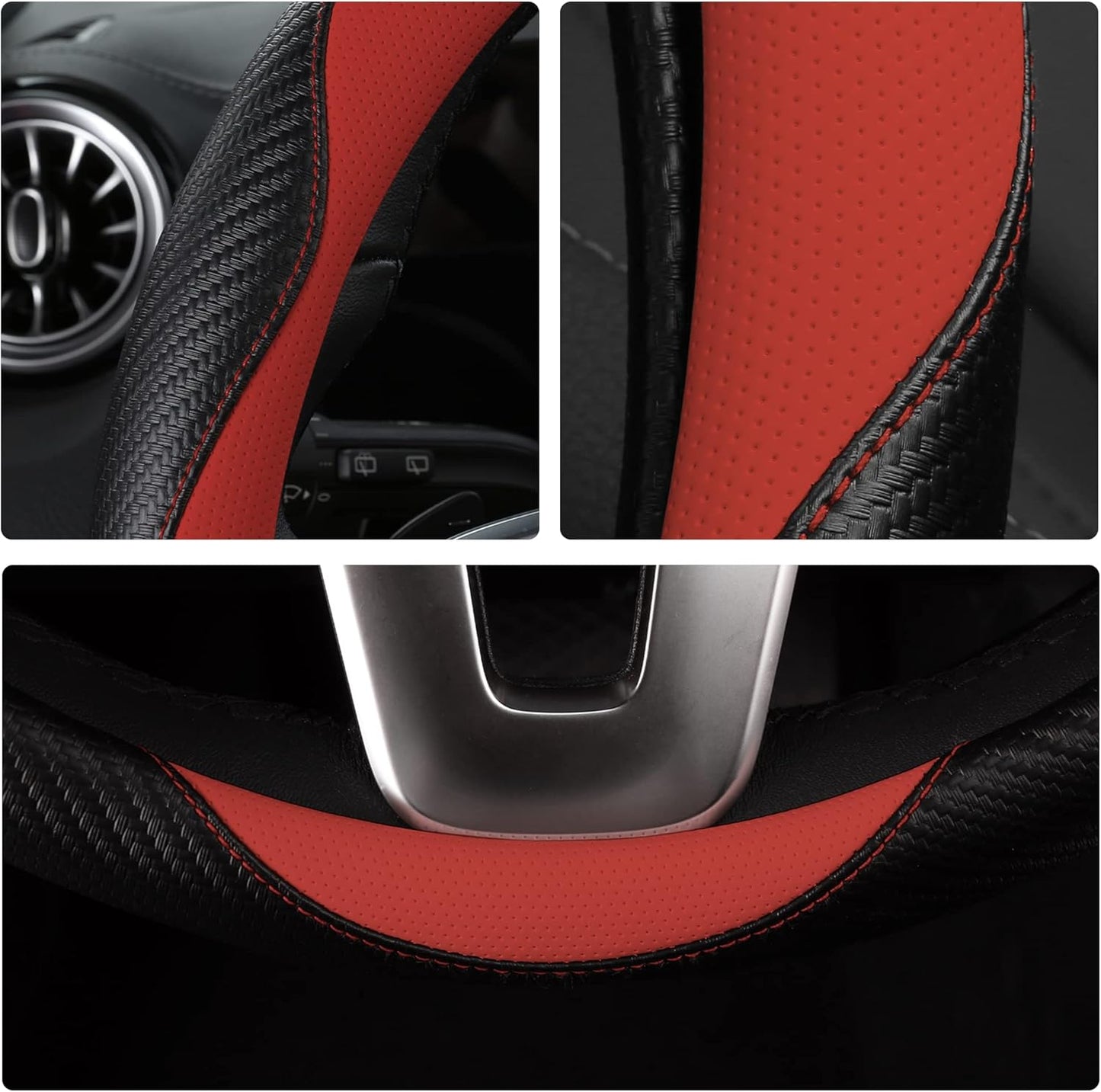 Car Steering Wheel Covers for Women Padded Carbon Fiber PU Leather Cute Auto Interior Accessories for Vehicle, Sedan, Universal, Anti Slip, Red, Standard Size 14.5-15"(37-38cm)