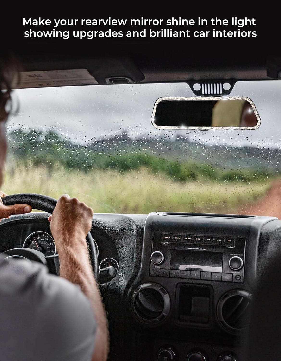 JOYTUTUS Rearvie Mirror, 12 Inch Panoramic Interior Clip-on Wide Angle Convex Rear View Mirror with Bling Rhinestones Diamonds Edge, Effectively to Reduce Blind Spot, Universal for SUV Trucks -White