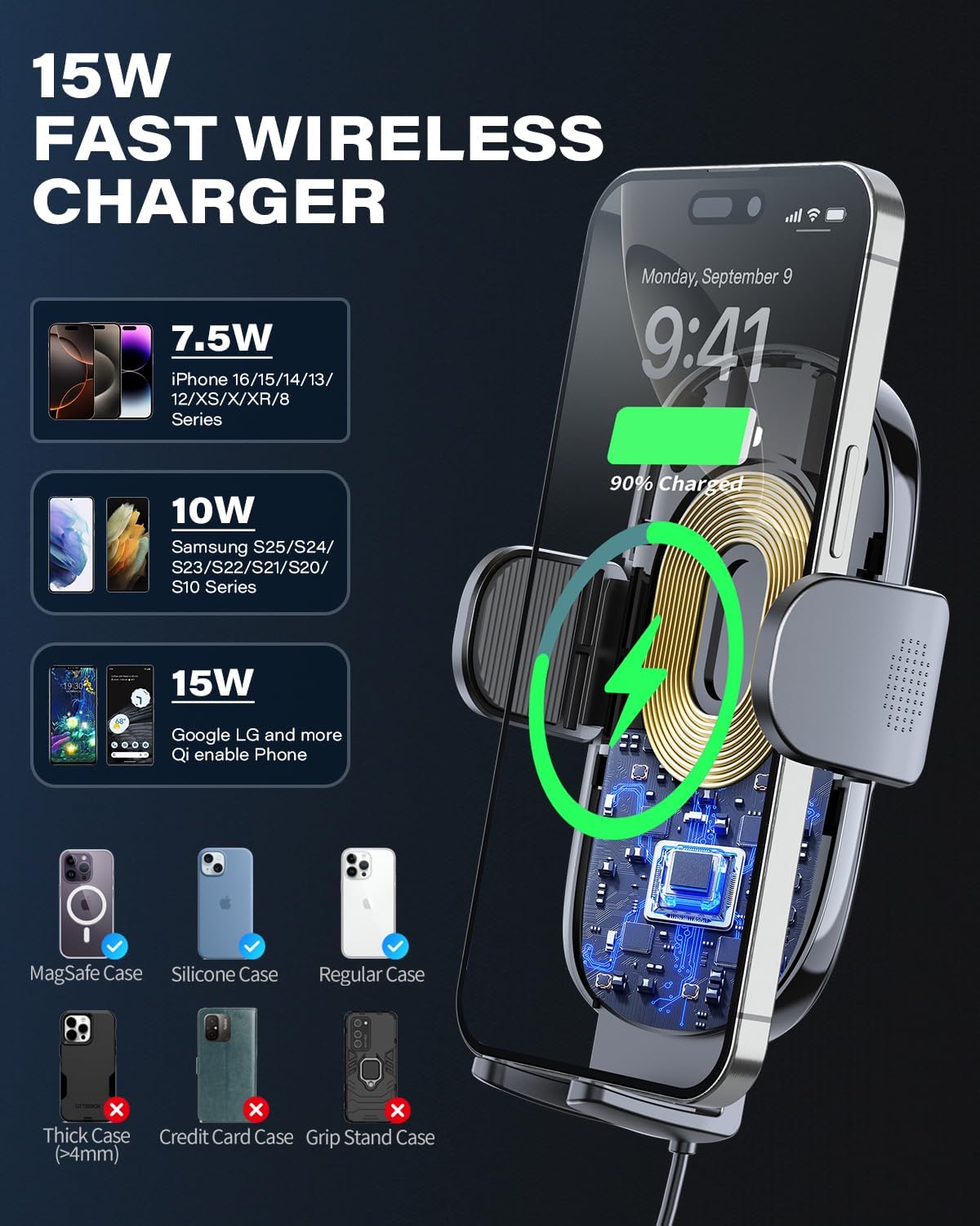 1Zero Solid Car Truck Phone Mount Wireless Charger Holder with 14-Inch Gooseneck Long Arm for iPhone 15 Pro Max Plus 14 13 12 11 XS X Samsung S24 Ultra S23 S22 S22 S21 S20 Pixel 9 Pro XL 8 7 6 5 4