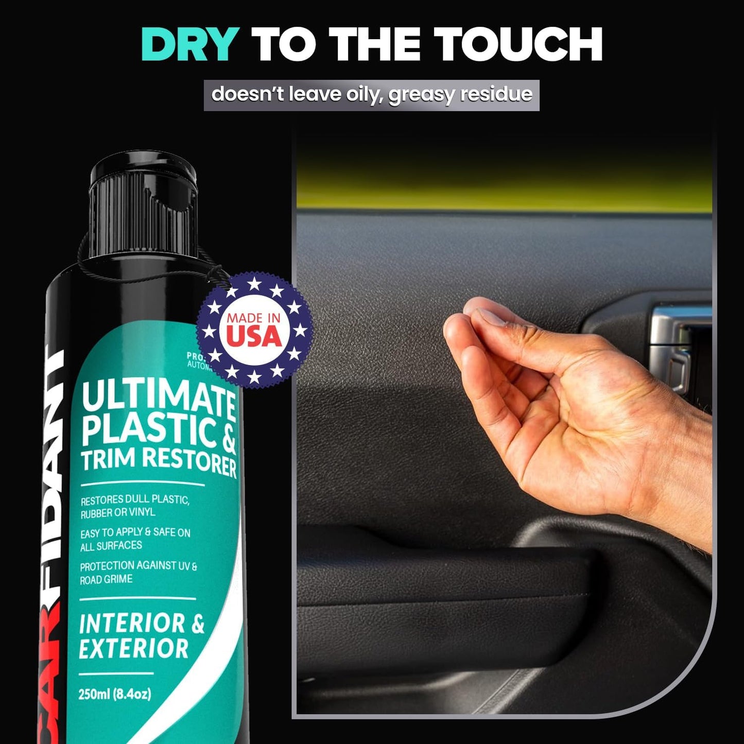 Carfidant Plastic Restorer for Cars – Refreshes Faded Plastic, Vinyl & Rubber Trim with Polish for Deep Shine – Protects Against UV & Dirt – Black Exterior & Interior Care for Detailing - 8.4 fl. Oz.