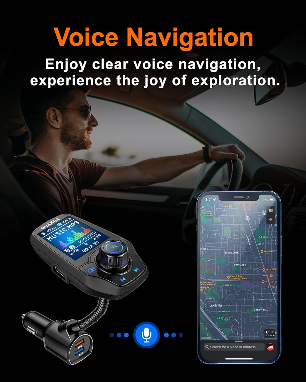 Upgraded Bluetooth FM Transmitter for Car, Wireless Radio Adapter Kit W 1.8" Color Display Hands-Free Call AUX in/Out SD/TF Card USB Fast Charge 18W for All Smartphones Audio Players - Matte Black