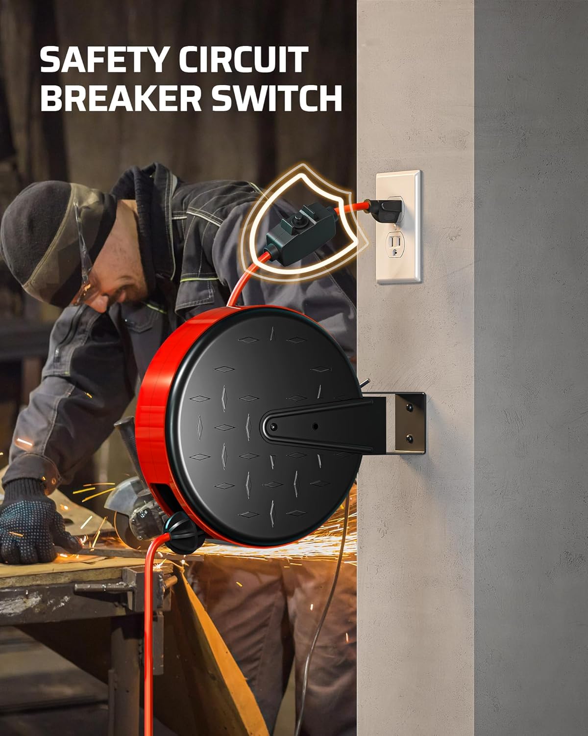 DEWENWILS 30FT Extension Cord Reel, 16/3 Gauge SJTW Power Cord, Retractable Cord Reel with 3 Outlets, Ceiling/Wall Mount for Garage, Workshop, 10A Circuit Breaker, Metal Plate, UL Listed, Red