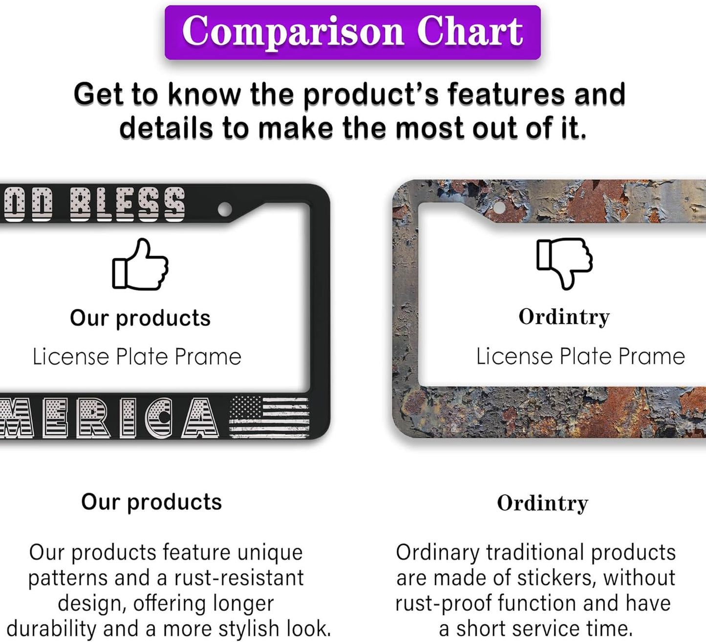 License Plate Frames Black and White License Plate Frame God Bless America Aluminum Metal Car Accessory 2 Pack with Screw Covers Set