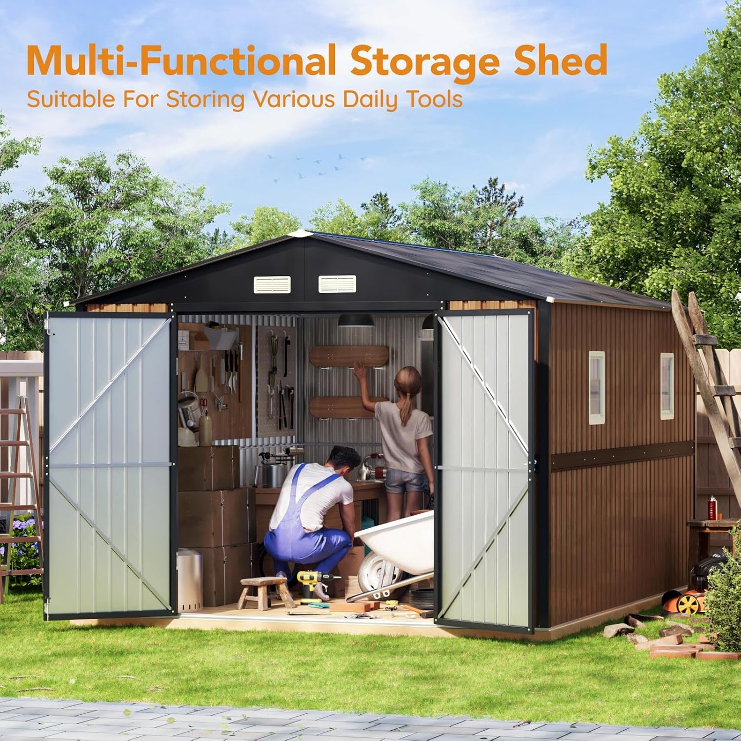 10X12 FT Outdoor Steel Storage Shed with Lockable Doors, 2 Windows, Garden Shed Ideal for Backyard, Patio Storage,Chicken Coop(Wood Panels & Frame Floor Not Included)