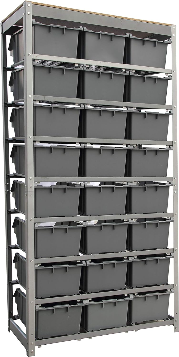 King's Rack Bin Rack Storage System Heavy Duty Steel Rack Organizer Shelving Unit w/ 24 Plastic Bins in 8 Tiers