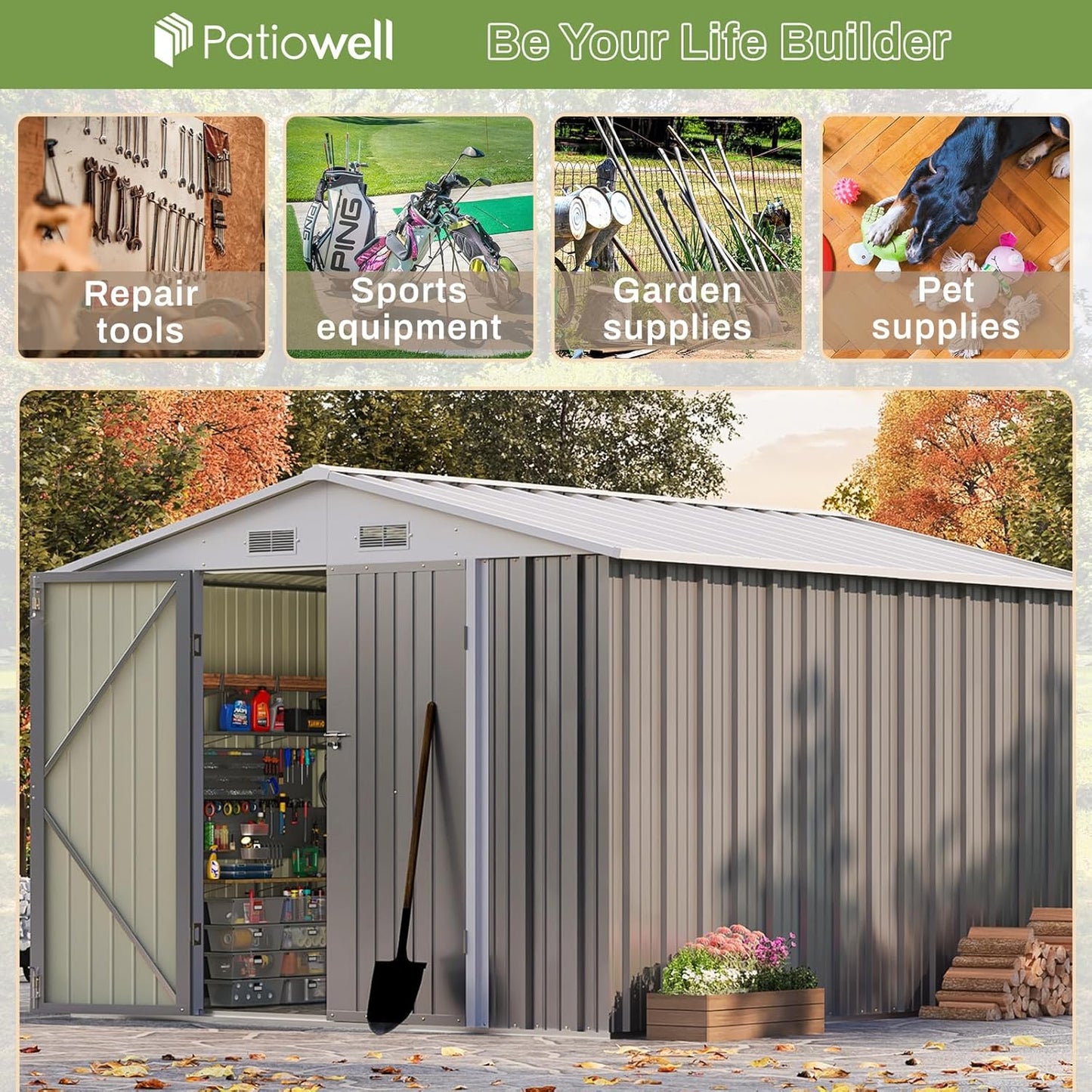 Patiowell 8x10 FT Outdoor Storage Shed with Floor Frame, Large Garden Tool Metal Shed with Sloping Roof and Double Lockable Door, Outdoor Shed for Backyard Garden Patio Lawn,Grey