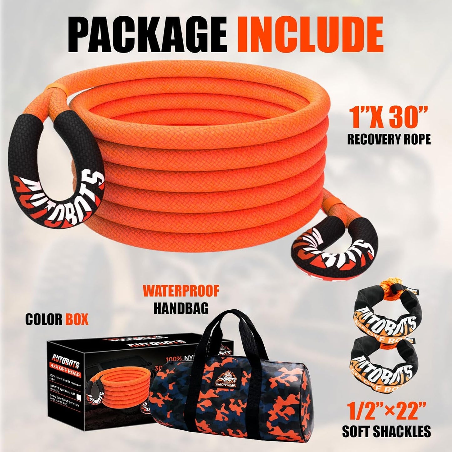 AUTOBOTS Kinetic Recovery Rope 1" x 30'(48,600lbs)+2 Soft Shackles,Heavy Duty Tow Rope Tow Strap for Truck ATV UTV SUV Car,Offroad Recovery Kit