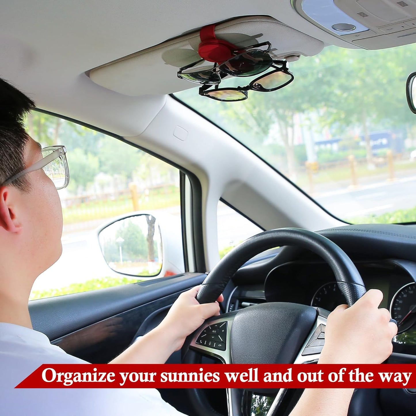 KIWEN 2 Pack Sunglasses Holder for Car Visor, Magnetic Leather Sunglass Eyeglass Hanger Clip for Car Sun Visor Accessories (2, Red)