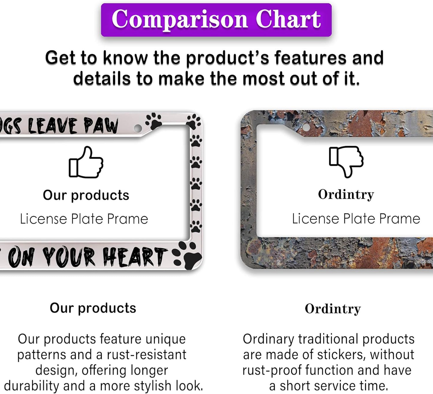 License Plate Cover Black and White License Plate Frames Dogs Leave Paw Prints on Your Heart Universal Aluminum Car Accessory 2 Pack with Screw Covers Set