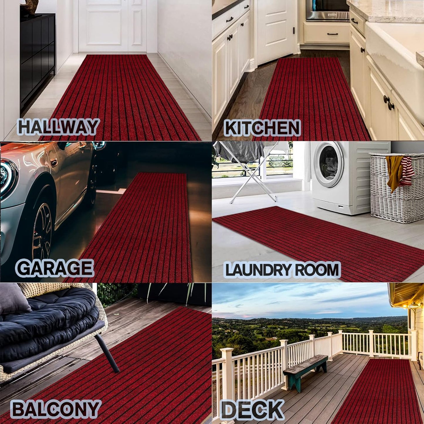 Custom Size Backed Non-Slip Area Rugs Runner, Easy Clean, Waterproof Runner Rugs for Hallway Entryway, Kitchen, Laundry, 2FT x 48FT, Red Stripe