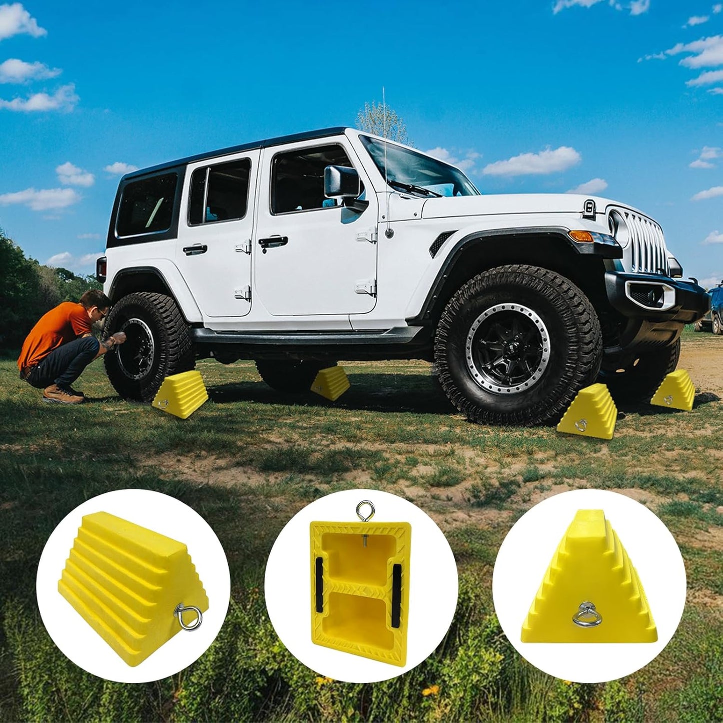 Premium 4 pcs Heavy Duty Wheel Tire Chocks, Vehicle Chocks with Eyebolt for Travel Trailers, Camper, Truck, Car and ATV 4 Pack, Yellow