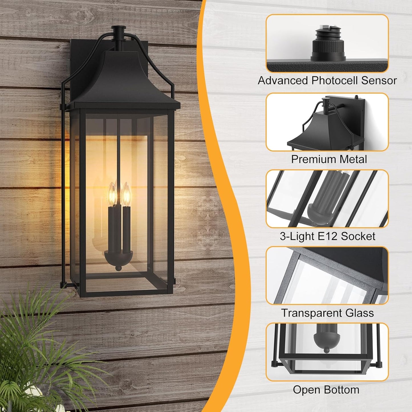 ππ-ππππ Dusk to Dawn Outdoor Wall Light, Large Size Waterproof Patio Lanterns, 3-Light Exterior Wall Mount Lantern Sconce with Glass, Black Wall Sconces for House Garage Front Door