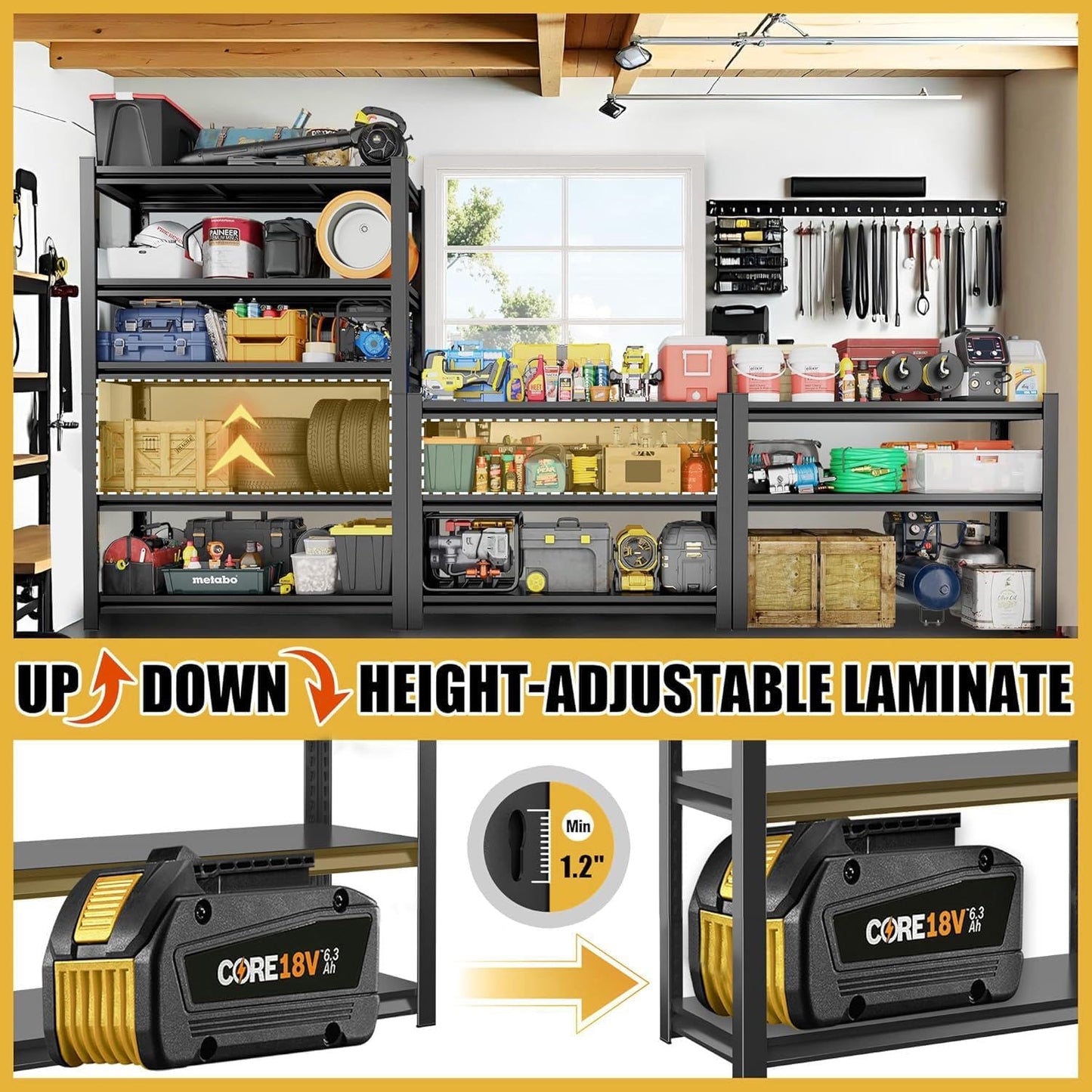 87" H Garage Shelving 5 Tier Storage Shelves Heavy Duty 3800LBS Adjustable Shelf Unit Metal Garage Shelving for Warehouse Industrial Basement, 87" H x 48" W x 24" D, Black