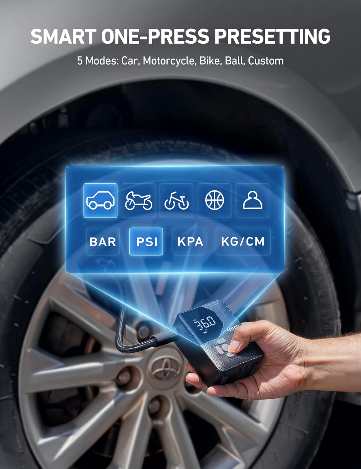 AstroAI L7 Mini Tire Inflator Portable Air Compressor,150 PSI Cordless Car Tires Air Pump with LED Lights&Pressure Gauge,Auto Shut-Off - Tire Pump for Auto,Motorcycle, Bicycle, Ball Grey