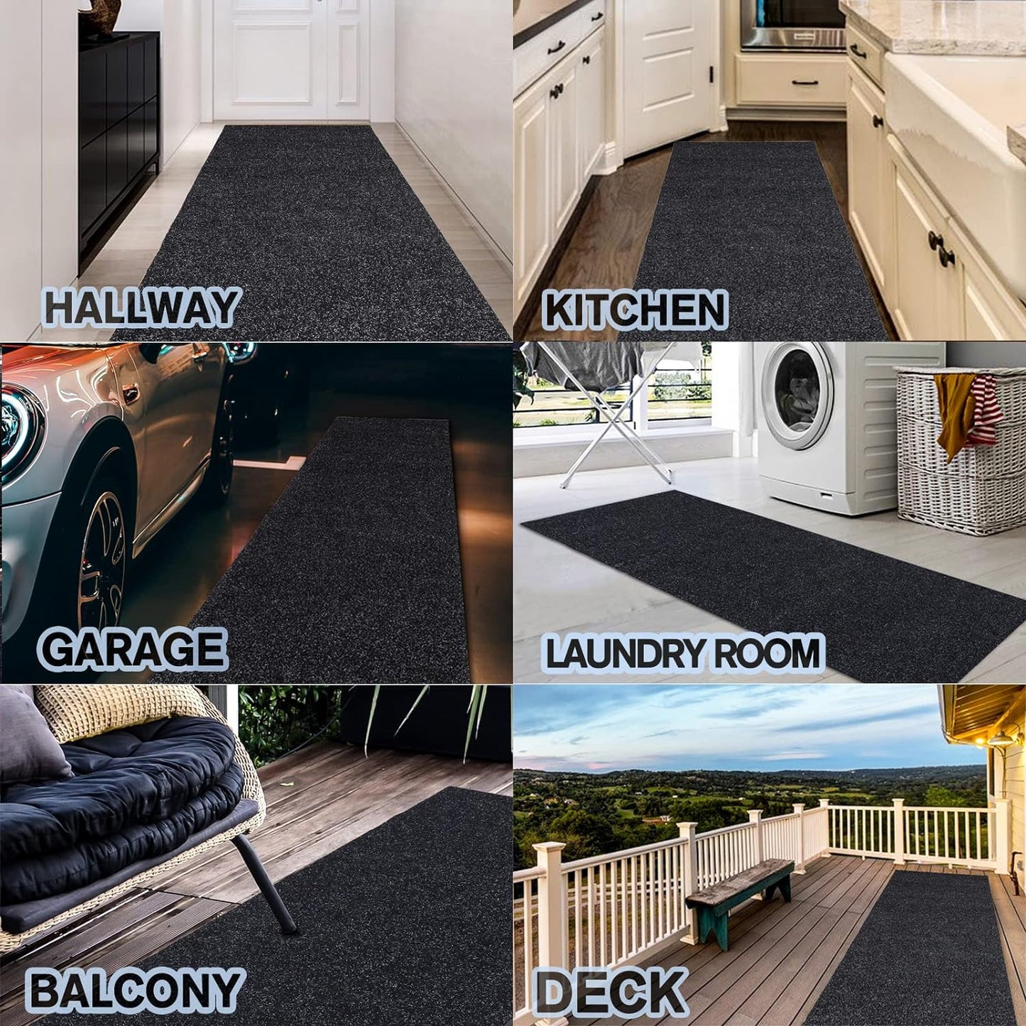 Custom Size Backed Non-Slip Area Rugs Runner, Easy Clean, Waterproof Runner Rugs for Hallway Entryway, Kitchen, Laundry, 2FT x 64FT, Black