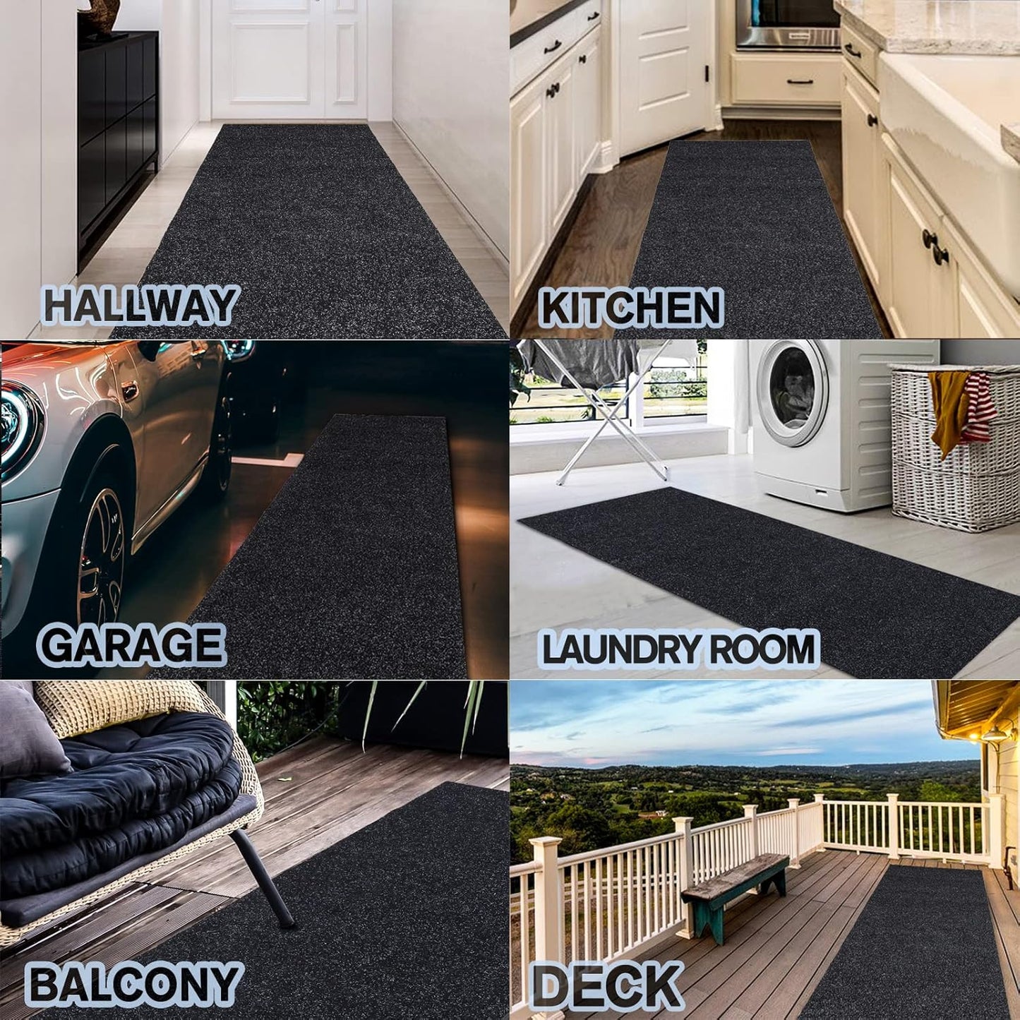 Custom Size Backed Non-Slip Area Rugs Runner, Easy Clean, Waterproof Runner Rugs for Hallway Entryway, Kitchen, Laundry, 3FT x 15FT, Black