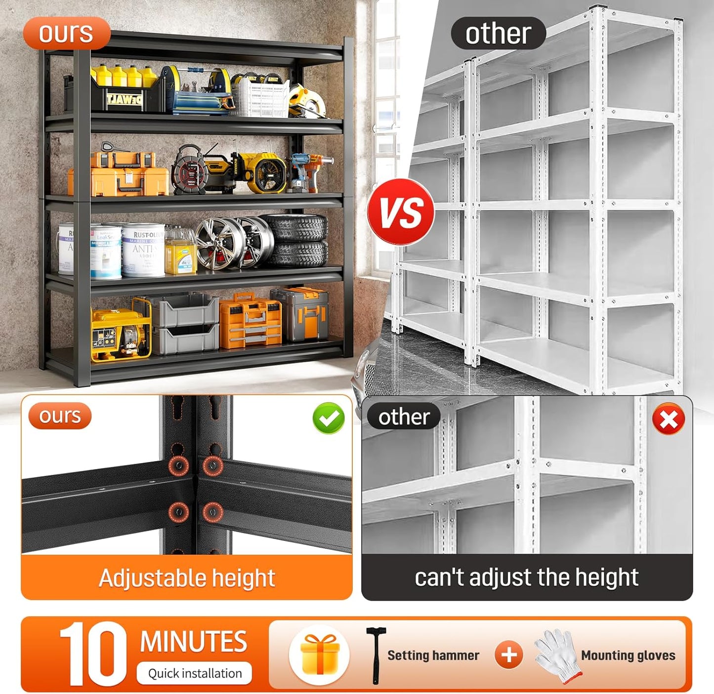 72" H Garage Shelving Unit, Garage Storage Shelves 2500LBS Heavy Duty Shelving, Adjustable 5 Tier Metal Shelving Utility Shelf, Storage Rack for Industrial, Warehouse, Basement (16" D*36" W*72" H)