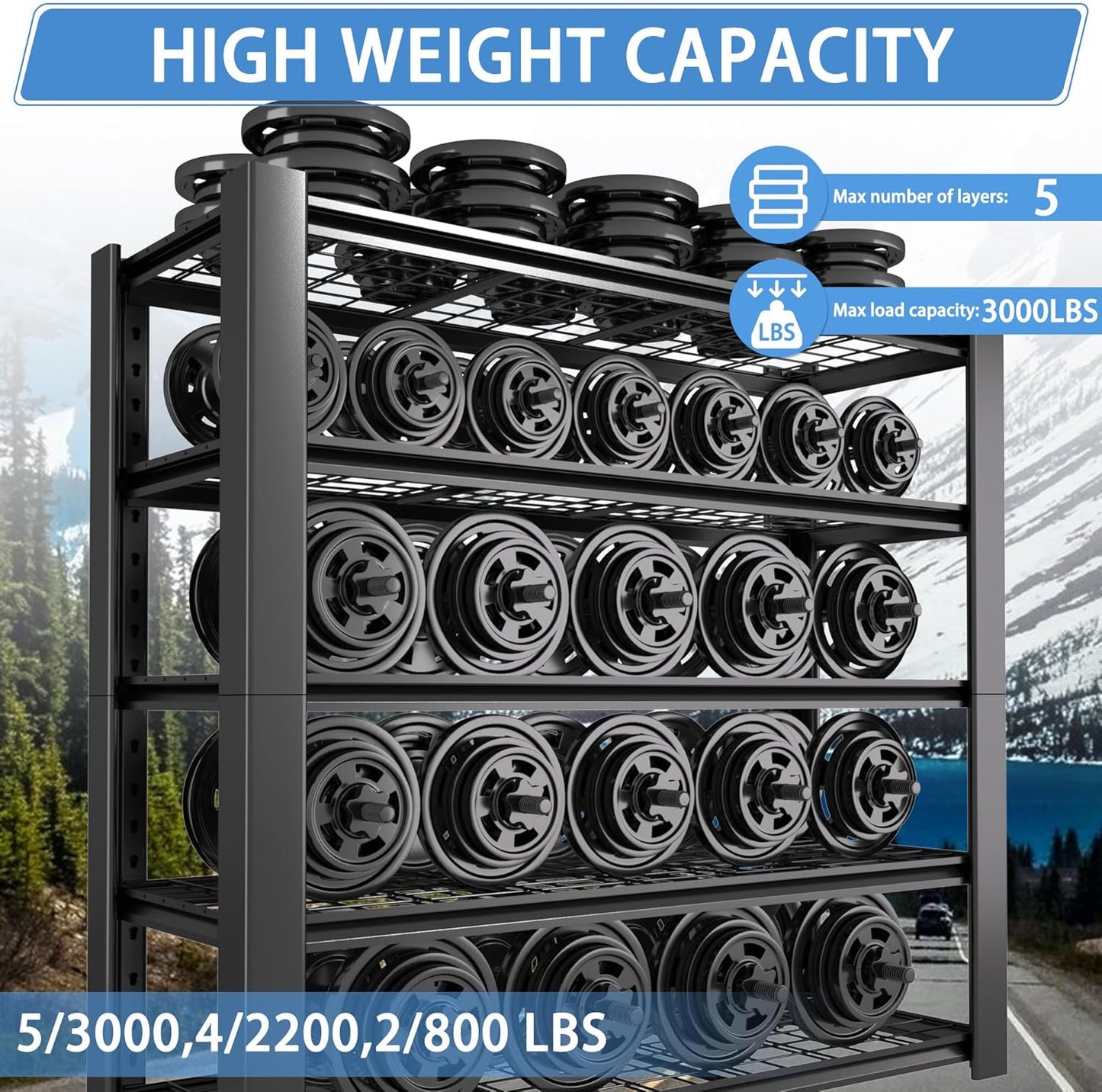 5-Tier Heavy Duty Garage Shelving Unit with Wire Shelves,3000 LBS Capacity Metal Storage Rack 76"H x 60"W x 24"D,Adjustable Boltless Steel Shelves for Garage,Basement,Pantry,Warehouse.1 Pack