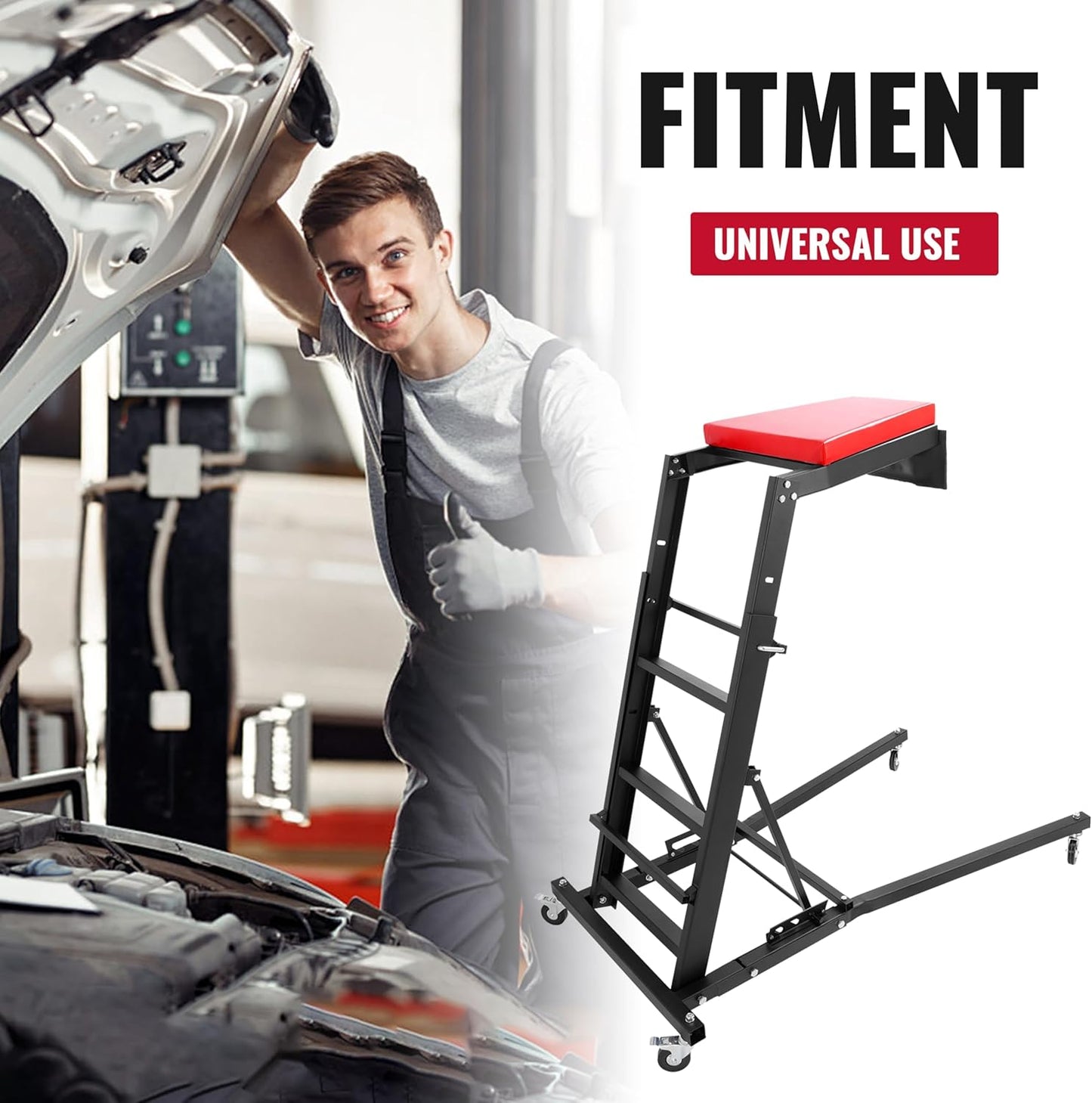 HECASA Top Automotive Creeper Easily Access Repair Engines, 50"-67" Adjustable and Foldable with 4 Swivel Caster Wheels 400LBS Weight Capacity Black Powder Coated Steel