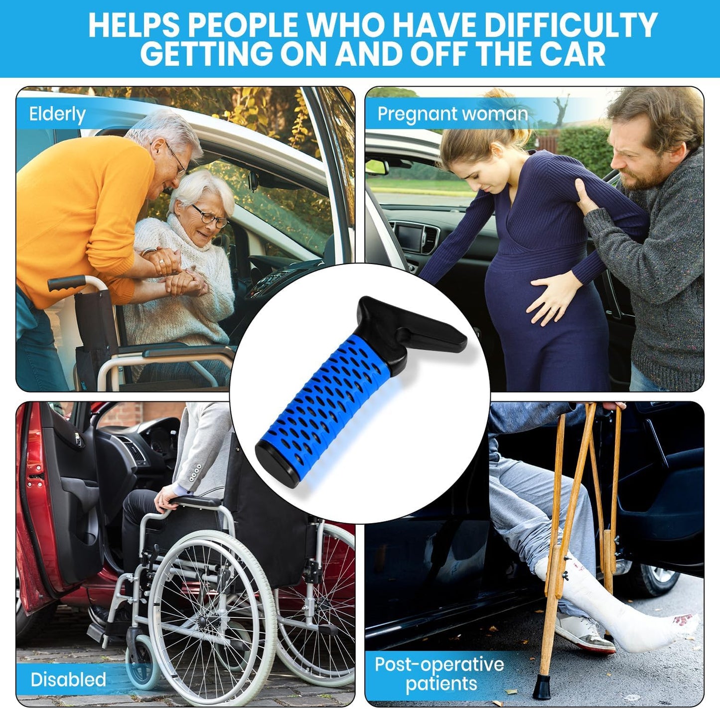 Car Door Handle for Elderly, Car Handle Assist Support, Portable Elderly Assistance Mobility Aids Auto Grab Cane with Strap for Seniors and Handicapped Getting Out of Car, Blue, 2 Pack