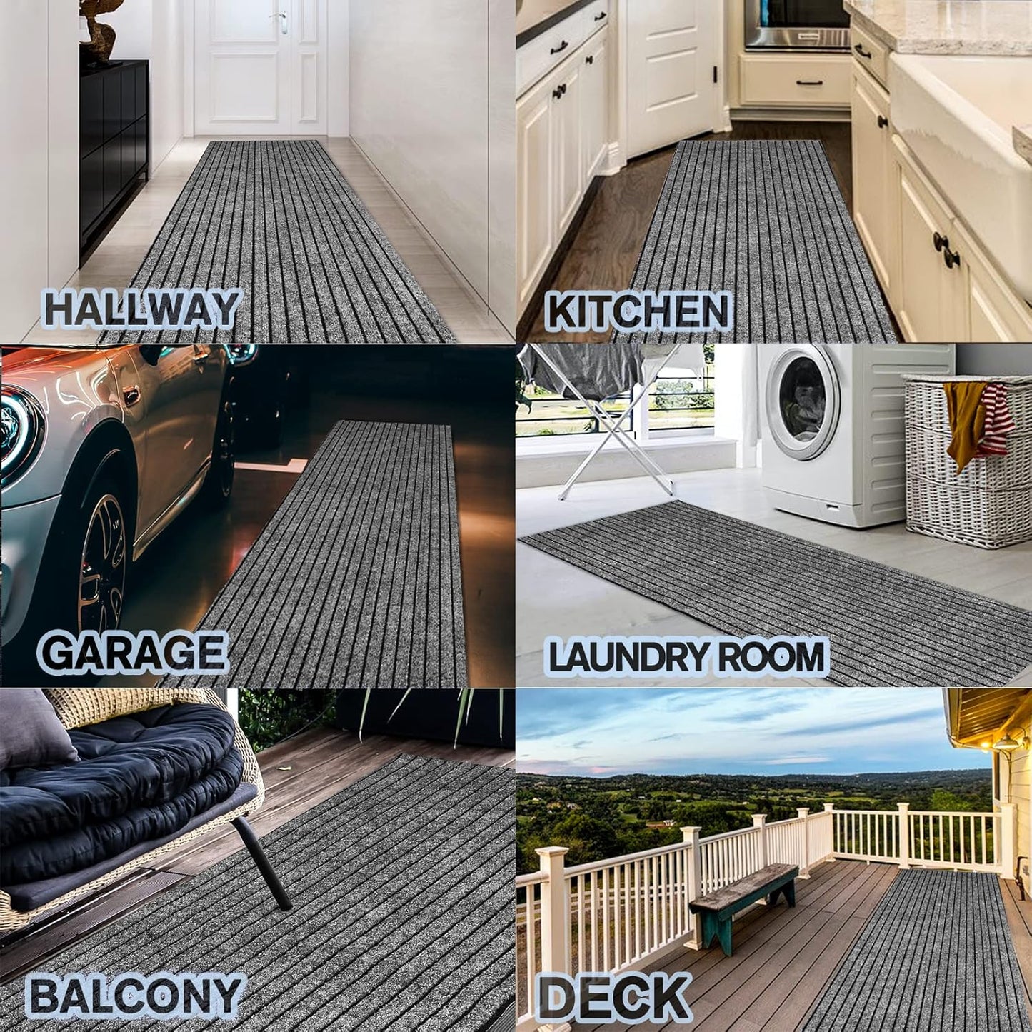 Custom Size Backed Non-Slip Area Rugs Runner, Easy Clean, Waterproof Runner Rugs for Hallway Entryway, Kitchen, Laundry, 2FT x 22FT, Gray Stripe