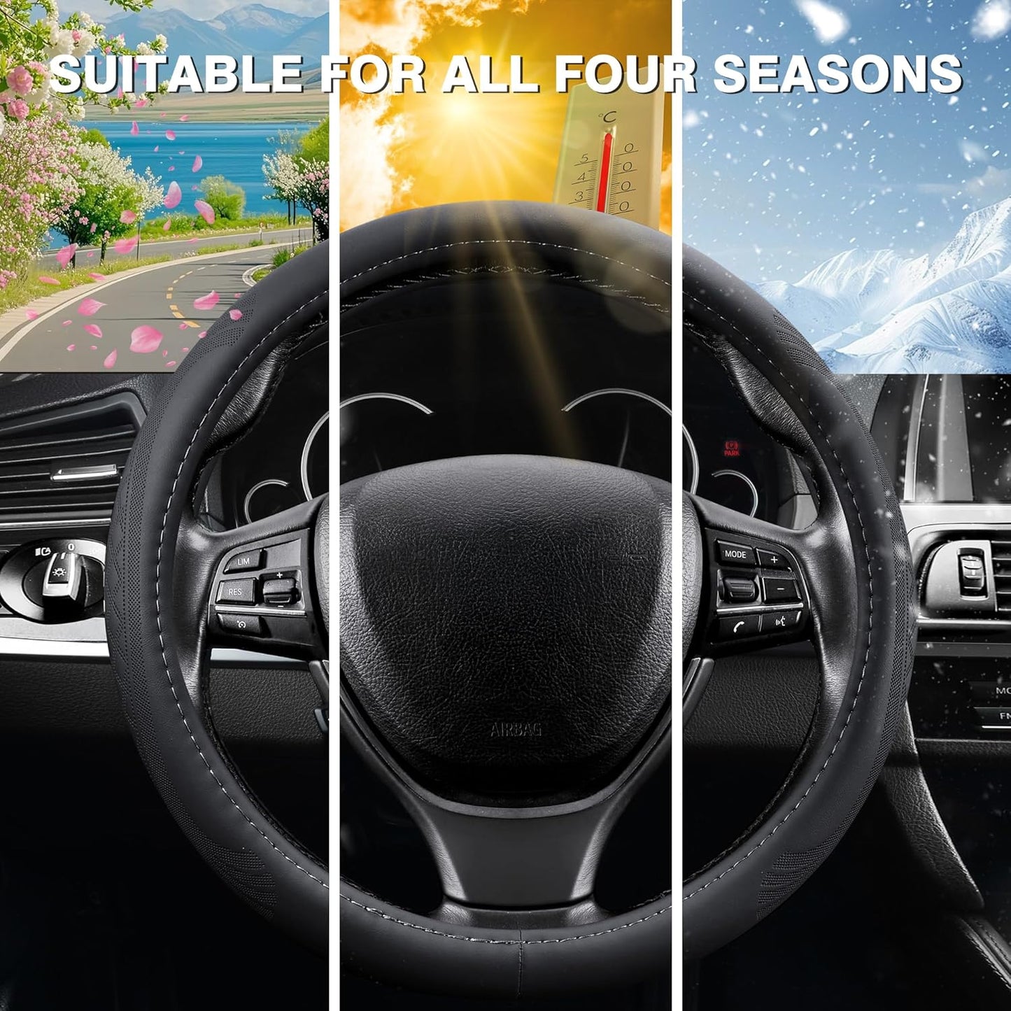 【2025 Model】 Breathable Soft Leather Car Steering Wheel Cover for Men Women, Non-Slip, Comfortable,Universal 15 inches Steering Wheels, Black