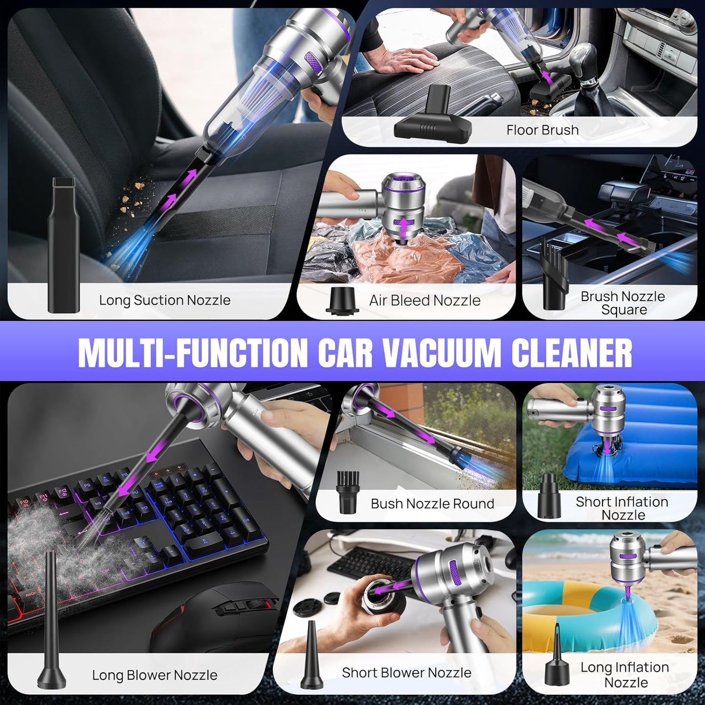 Mini Car Vacuum Cleaner,20000PA 4-in-1 Cordless Handheld Vacuum Cleaner with 6000mAh Battery Brushless Motor Hand Held Vacuum Air Duster & Air Blower & Pump for Car,Office and Home Cleaning