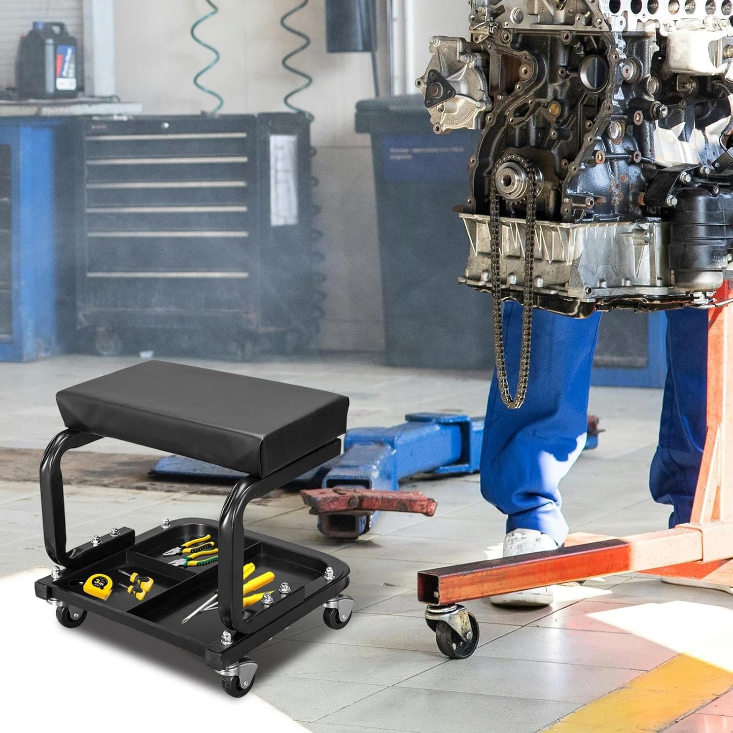 Torin ATR6300B Rolling Creeper Garage/Shop Seat: Padded Mechanic Stool with Tool Tray Storage, Black Large