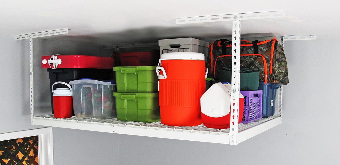 SafeRacks 4x6 Overhead Garage Storage Rack - Height Adjustable Steel Overhead Storage Rack - 500 Pound Weight Capacity (White, 12"-21")