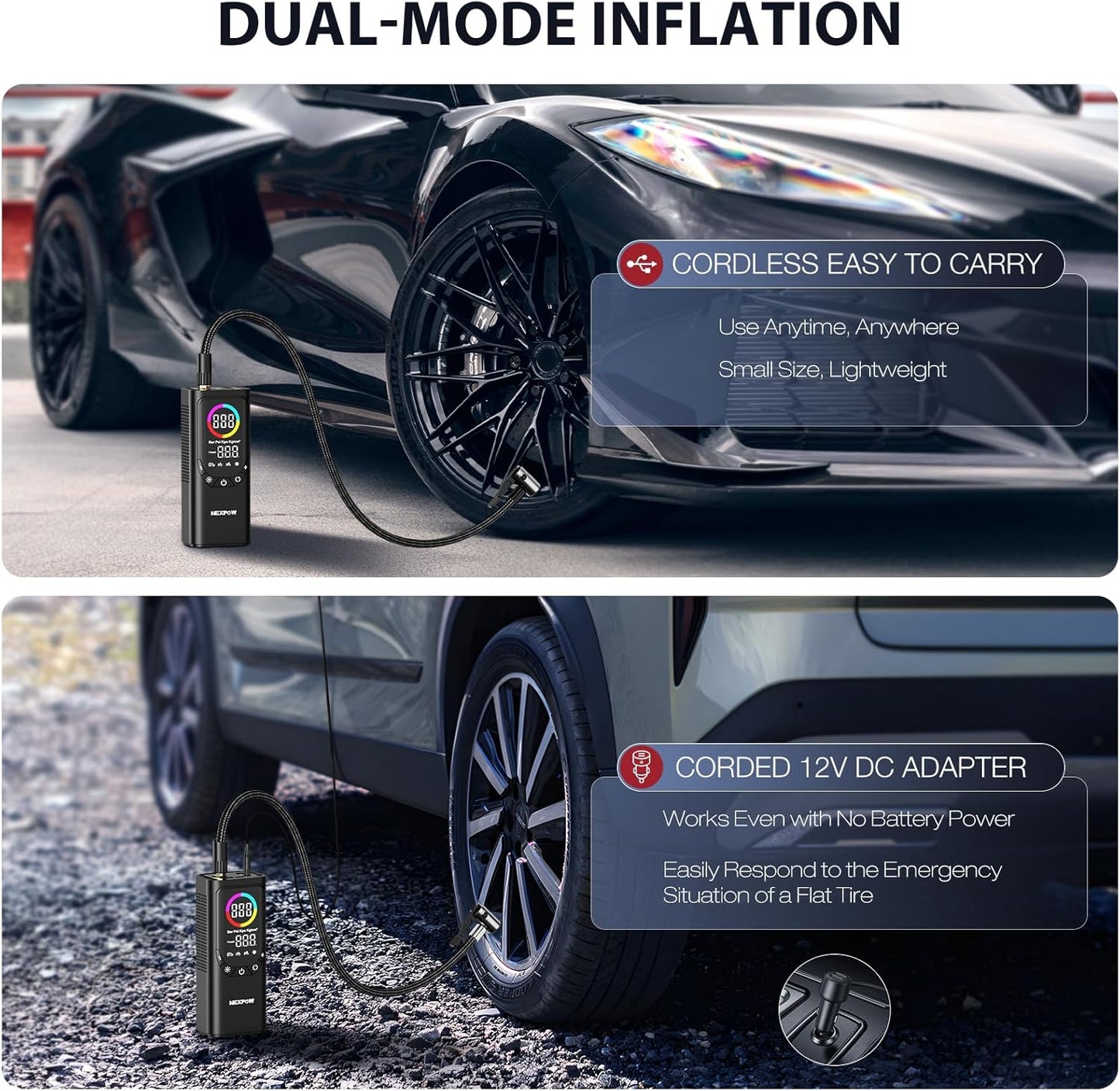 Tire Inflator Portable Air Compressor, NEXPOW 150PSI & 9000mAh Cordless Air Pump with Digital Tire Pressure Gauge, Accurate Dual LCD Display & LED Light, Tire Inflator for Car,Motorcycle,Bike,Balls