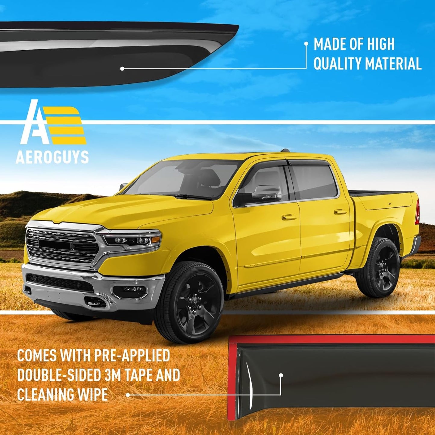 Extra Durable Window Deflectors Tape-On Window Visors Rain Guards Fit for Dodge Ram 1500 (New Body Style) 2019-2025 Crew Cab, Sun Visors, Wind Vent for Shades, Exterior Car Accessories - 4pcs. AG0717