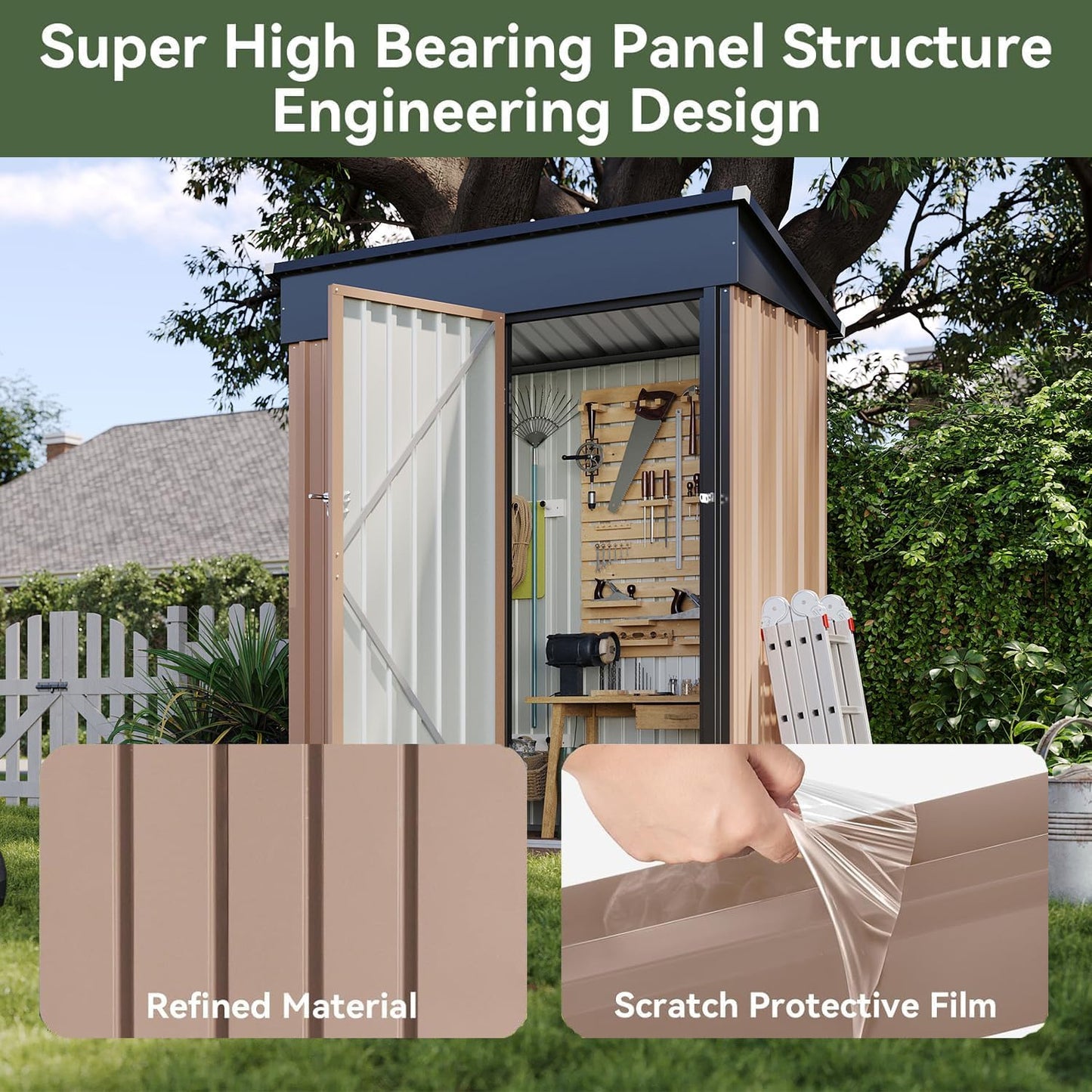 Aoxun 5x3 FT Shed Outdoor Waterproof Storage Shed Metal Garden Shed with Lockable Doors & Slooping Roof for Backyard, Patio, Poolside (Brown)