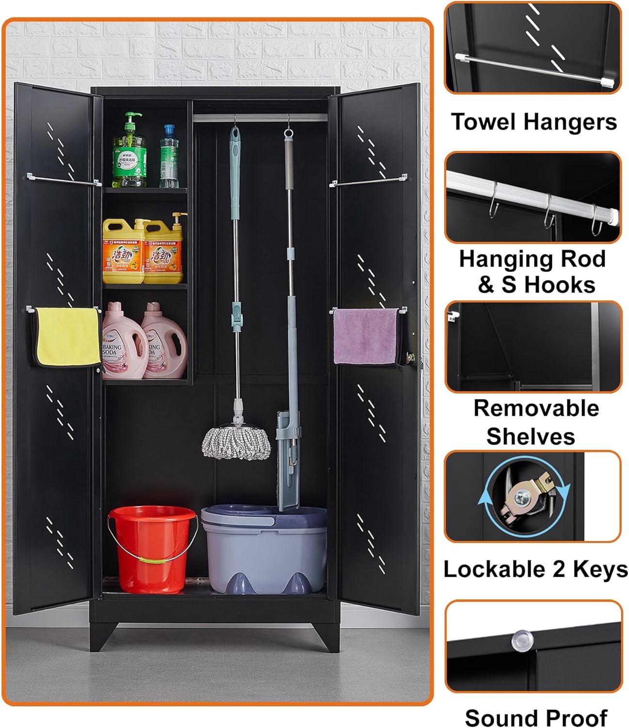 75" Metal Storage Cabinet with Lockable Doors, Functional Garage Storage Cabinet, Tool Chset Garage Organization with Hanging Rod & S-Hooks